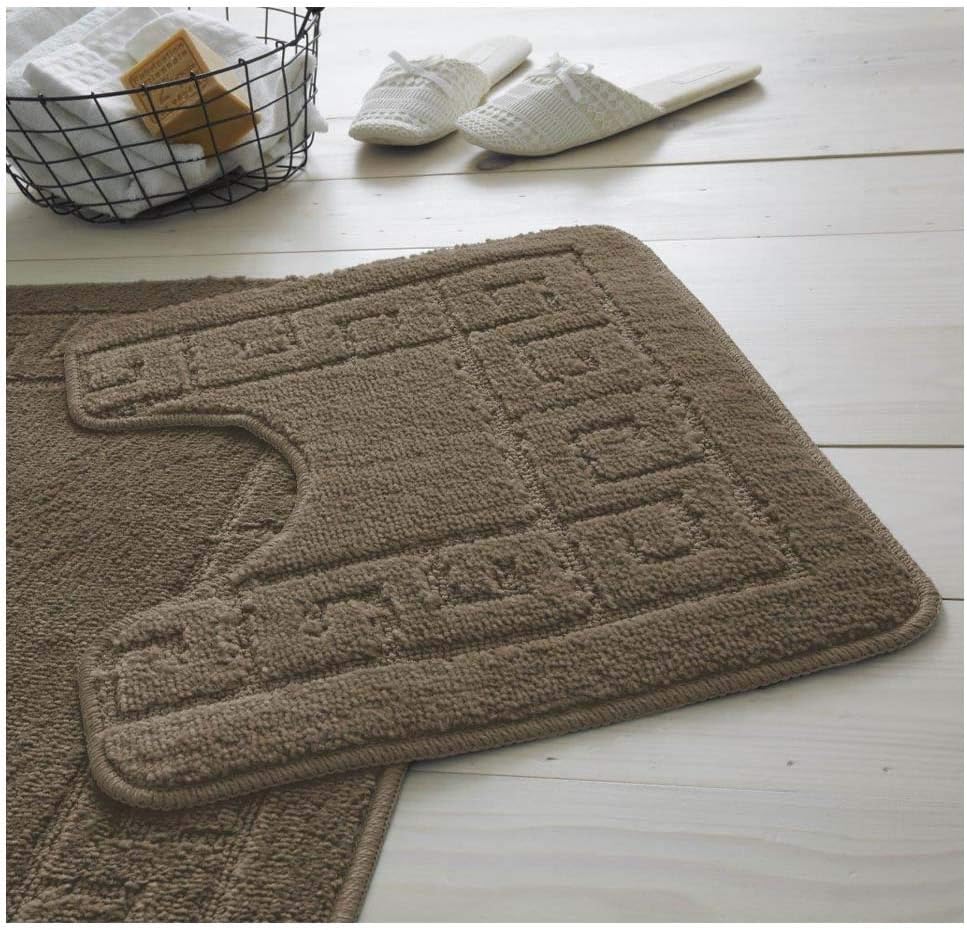 Bath Mat Set 2 Piece Non Slip Rubber Pedestal and Bath Mat Set Toilet Greek Bathroom Rug New (Mocha)