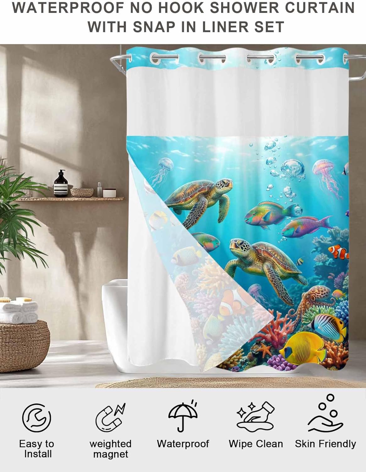Ocean Sea Turtle No Hook Shower Curtain with Snap in Liner Waterproof Fabric Shower Curtain Set for Bathroom Blue Coastal Fish Coral Jellyfish Marine Life Shower Curtain with See Through 72"x72"
