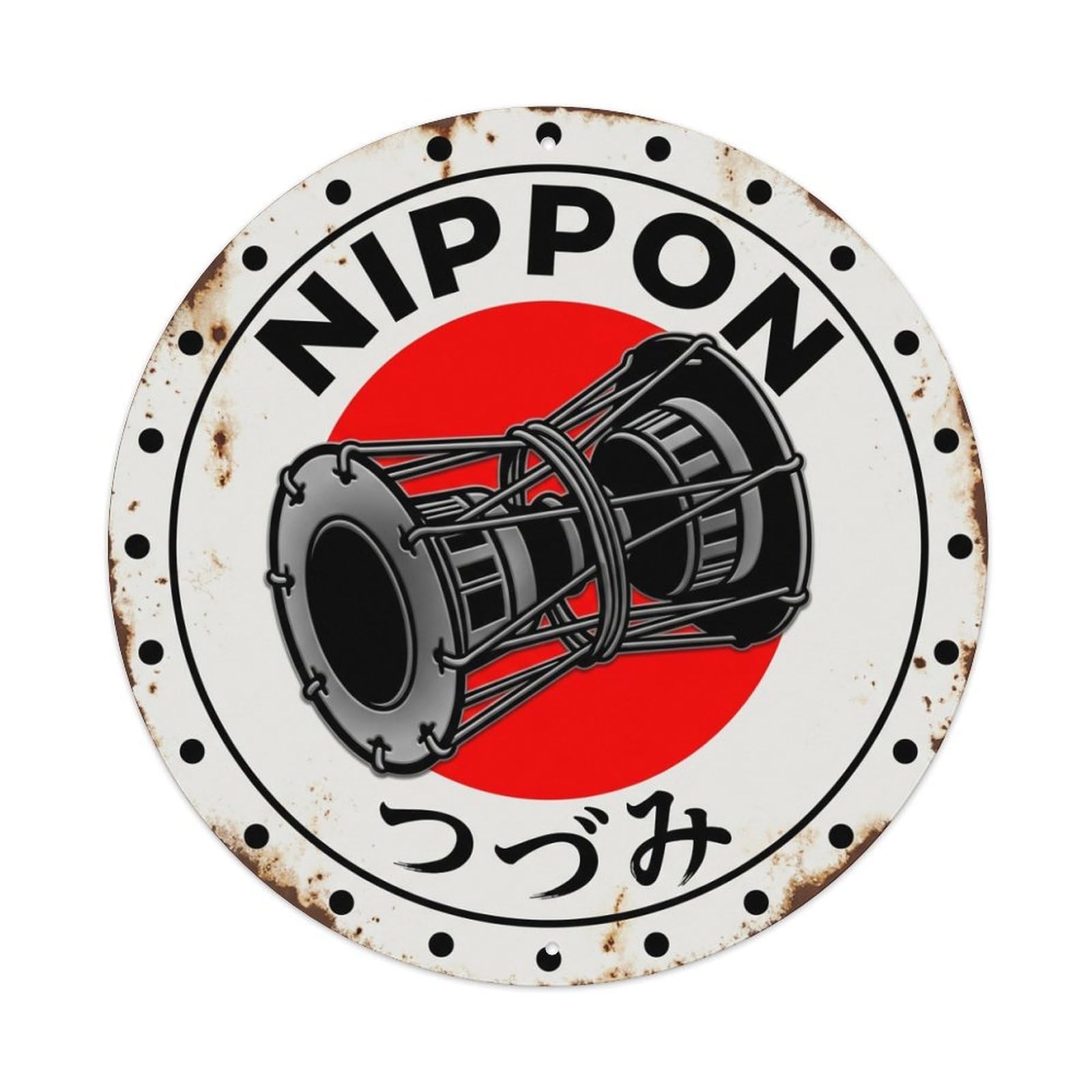 Tsuzumi Drum Nippon Hourglass Red Sun Heritage Badge Metal Tin Sign Plaque Wall Decor for Cafe, Man Cave, Club Bar, Office, Home Garden Round Metal Poster 8x8Inch