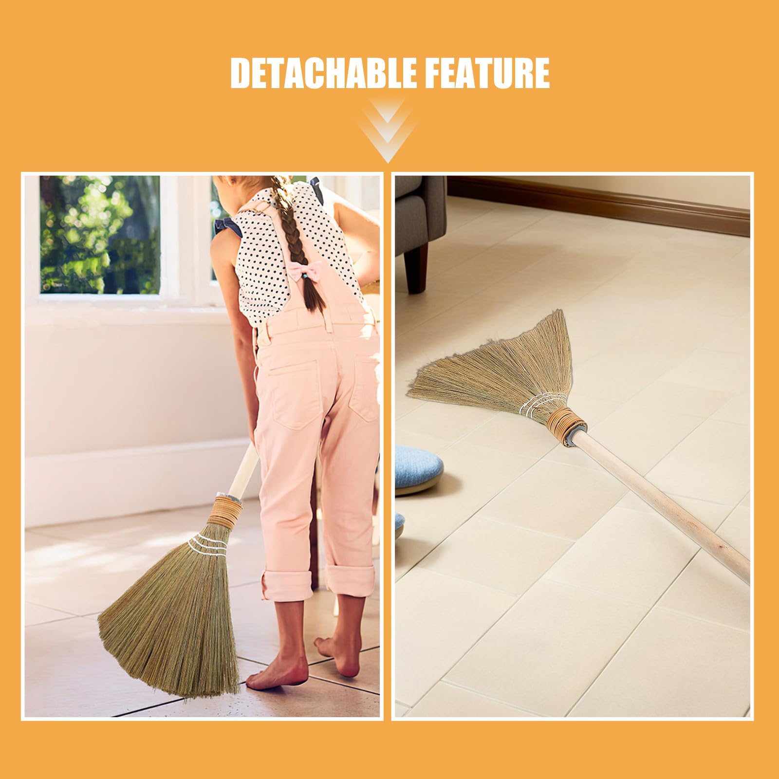 2 Pezzi Scopa Tradizionale Intrecciata a Mano Manico Staccabile | Colore Khaki, Legno, Miscanthus e Plastico, Adatta a Camere e Soggiorni, Leggera e Versatile