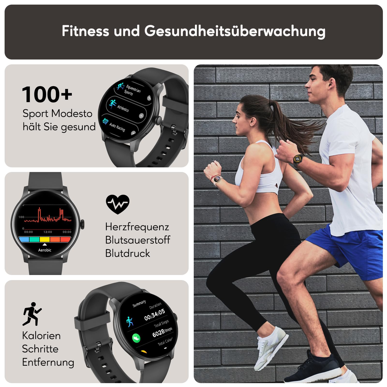 AcclaFit Smartwatch Damen Herren 1.38 Zoll HD-Display Bluetooth Anrufe Fitness Tracker Herzfrequenz SpO2 Schlafmonitor IP68 Wasserdicht