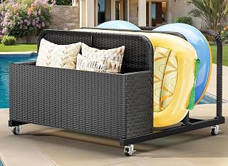 GOOBED Pool Storage, Wicker Pool Float Holder with Lockable wheels,Pool Organizer for cushions, Floaties, Noodles, Life Vests, Beach Balls, Patio Furniture (Black)
