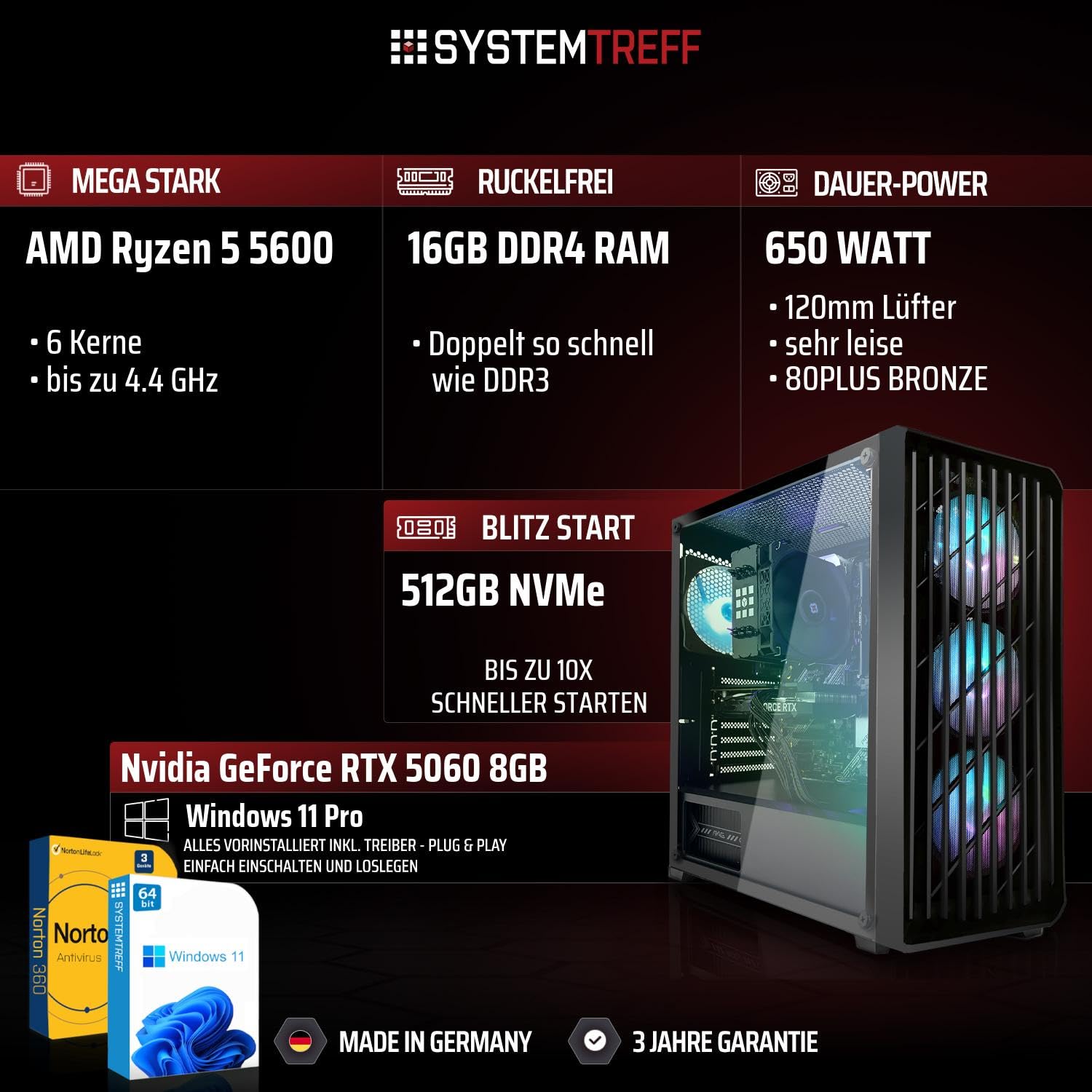 SYSTEMTREFF Gaming PC AMD Ryzen 5 5600 6x4.4GHz | Nvidia RTX 5060 8GB DX12 | 512GB M.2 NVMe | 16GB DDR4 RAM | Windows 11 | WLAN Desktop Computer Rechner für Gamer, Zocker & Streamer