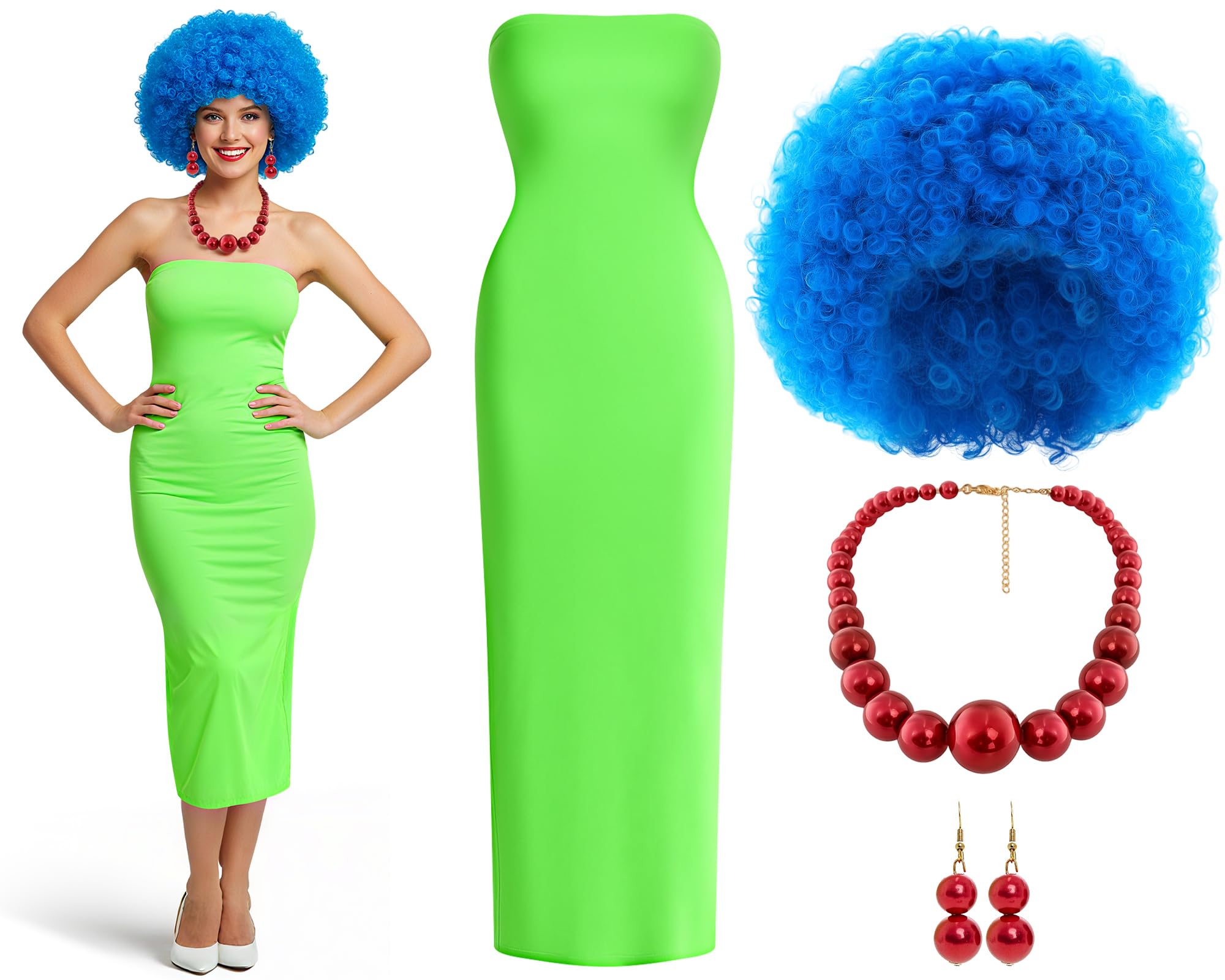 Mepase 4-teiliges Cartoon-Halloween-Kostüm-Zubehör-Set, blaue Perücke, Kleid, Schnur, Halskette, Ohrringe, Cartoon-Charakter für Damen