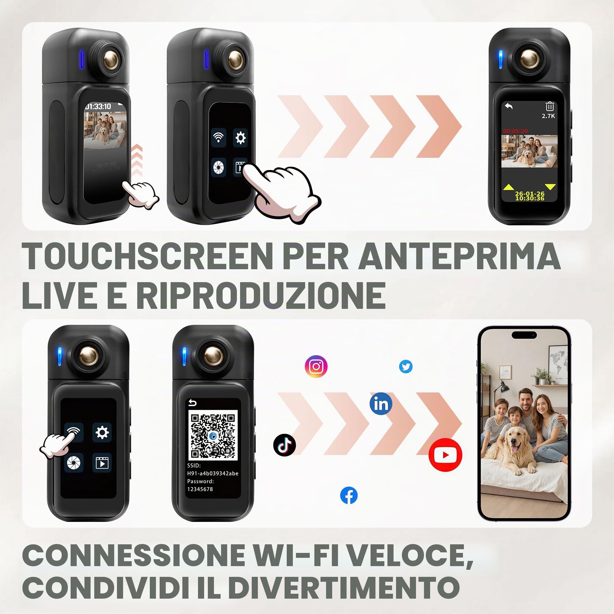 Action Cam,Bodycam 1080P,Mini Action Camera,Telecamera Sportiva Impermeabile 30M,Telecamera portatile,Display Touchscreen da 1,47'' Videocamera da Casco per Motociclista