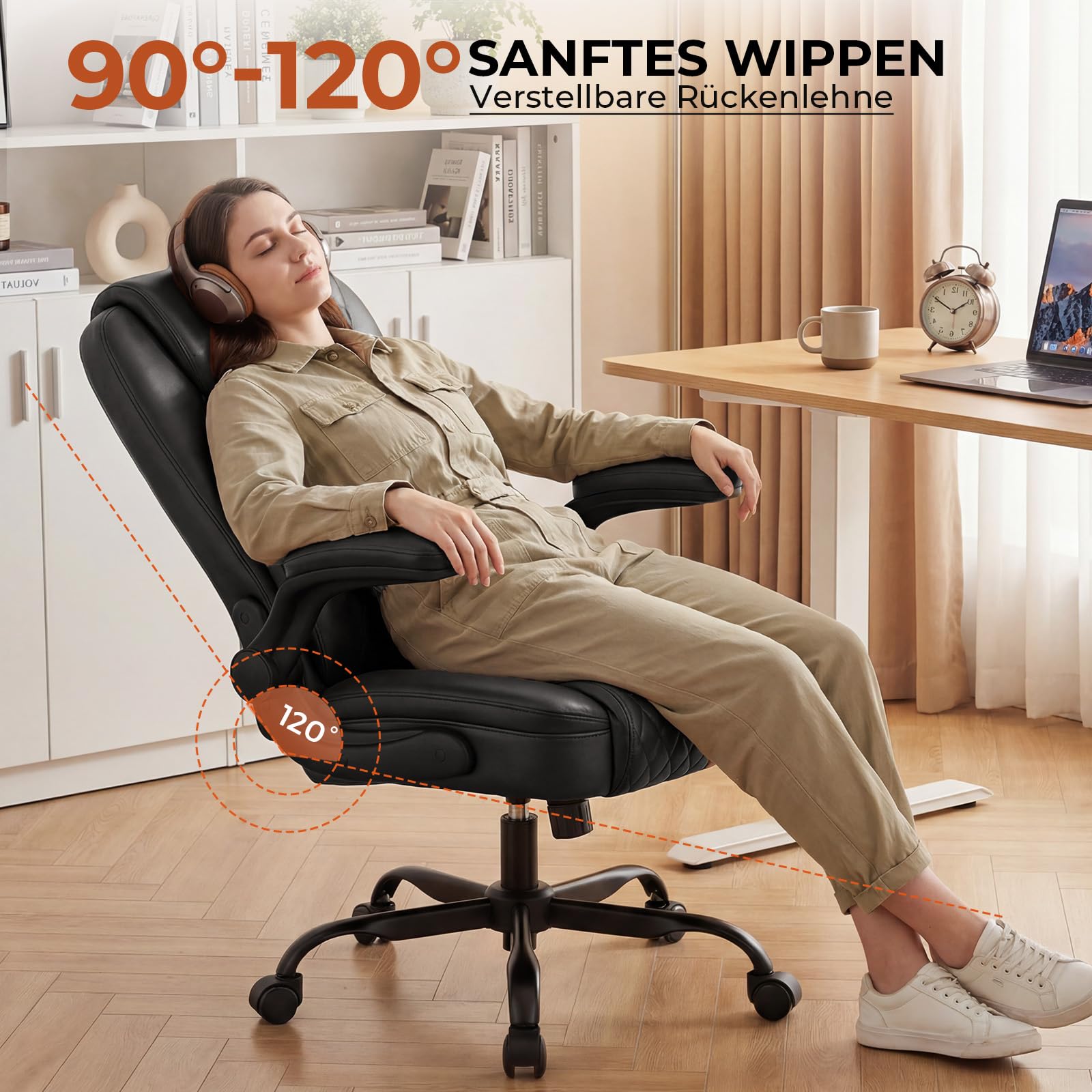 GTPLAYER Bürostuhl Ergonomisch, Schreibtischstuhl, Chefsessel mit Hoher Rückenlehne, Hochklappbaren Armlehnen, Höhenverstellbar, PU-Leder, Extra Breiter Sitz, für Büro & Homeoffice, Schwarz