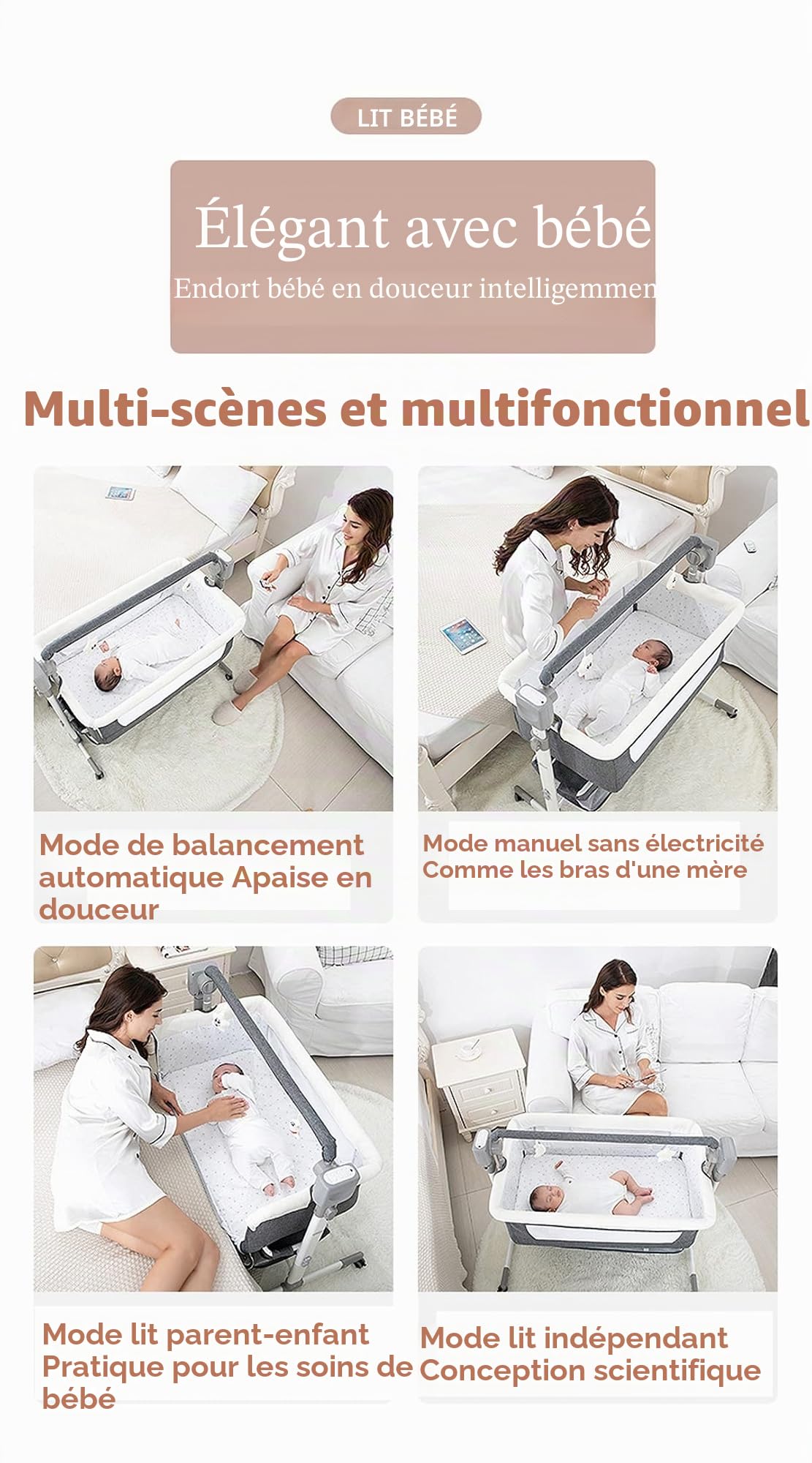 MoLi Électrique Bluetooth Intelligent Lit Cododo Bebe, Convertible Cododo Berceau Bébé Co-Sommeil, Pliable Lit Bebe avec Matelas, Télécommande, Musique et 5 Vitesses Balancement (601 Grey)