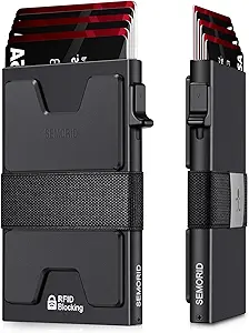 SEMORID Slim Aluminum Card Holder Wallet for Men, Durable Expandable Backplate, RFID Blocking Minimalist Metal Pop Up Wallet, Holds 12+ Cards Plus Cash (Black)