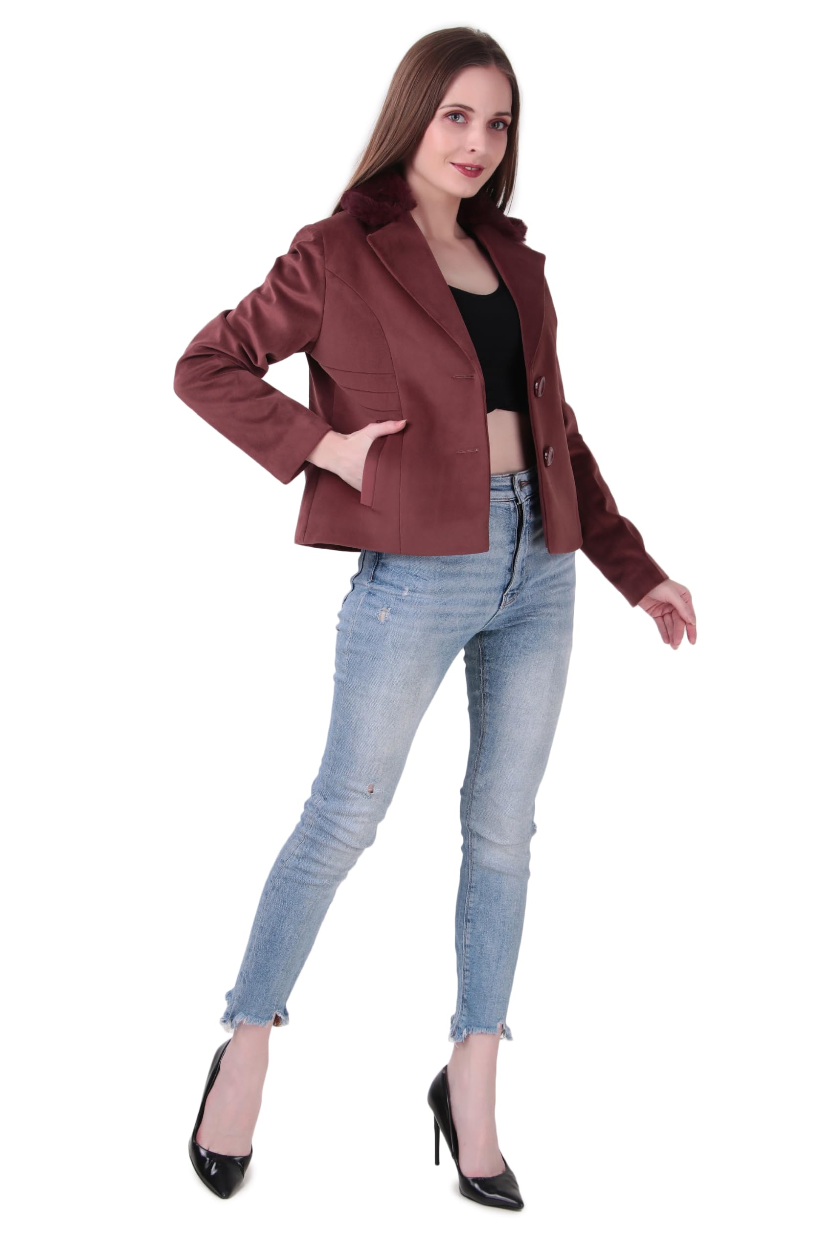 Women's Maroon Faux Fur Trim Collar Suede Jacket | Single-Breasted Short Winter Blazer Coat with Front Pockets | Soft Warm Casual Outerwear | Pack of 1-image-4