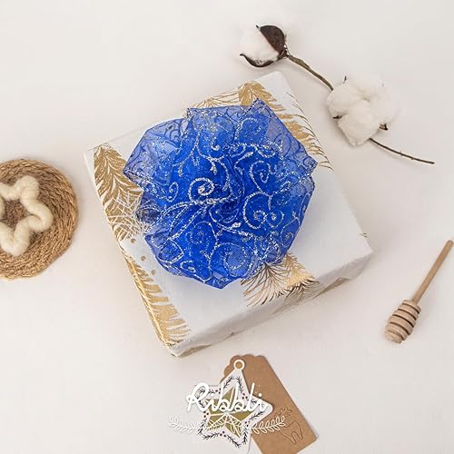 Miniatura 10 de Ribbli - Cinta con brillantina y con alambre, cinta de organza púrpura con patrón de espiral de brillantina plateada y borde metálico plateado, 2-12