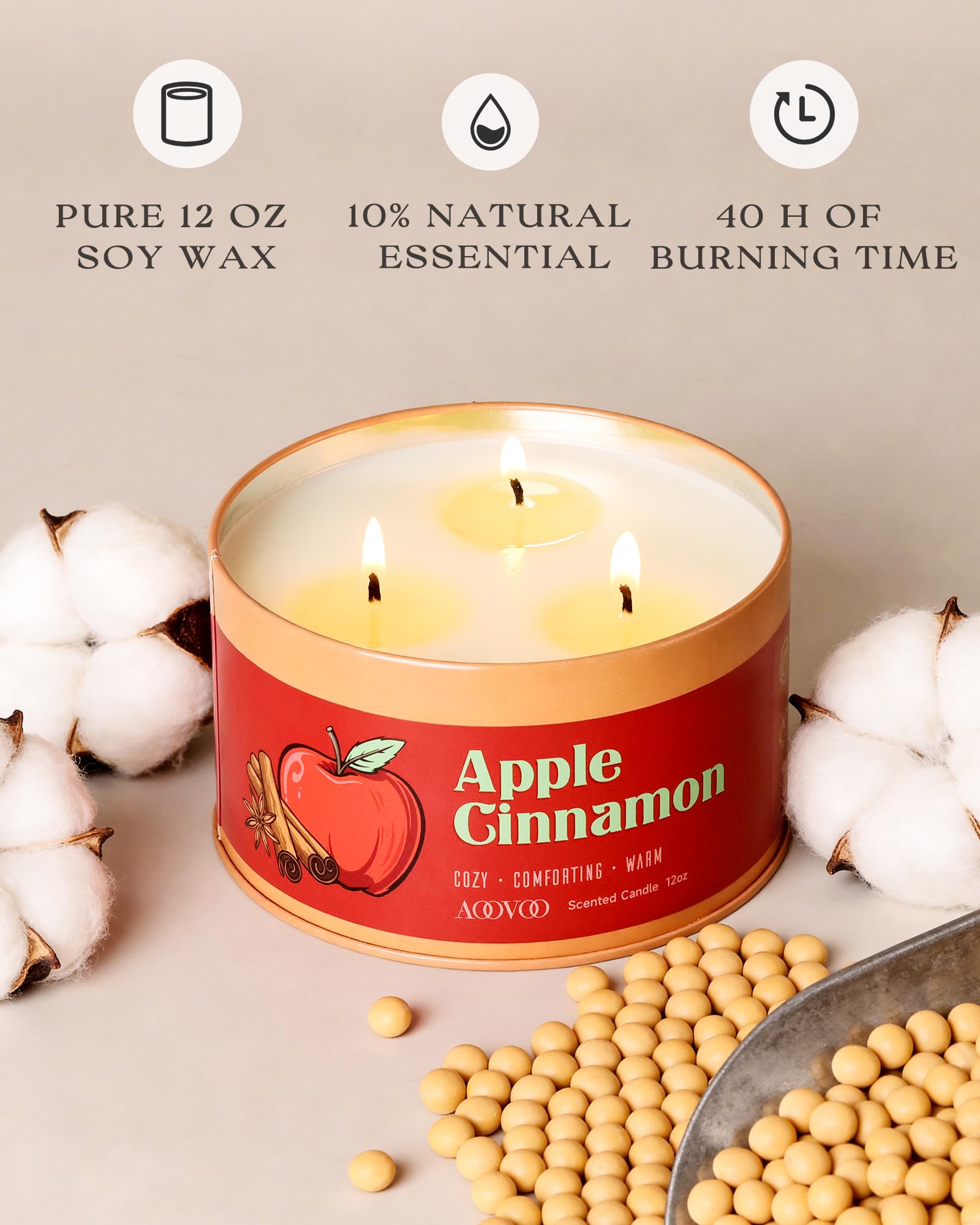 AOOVOO Vela perfumada de manzana y canela con 3 mechas, regalo de fiesta para hombre y mujer