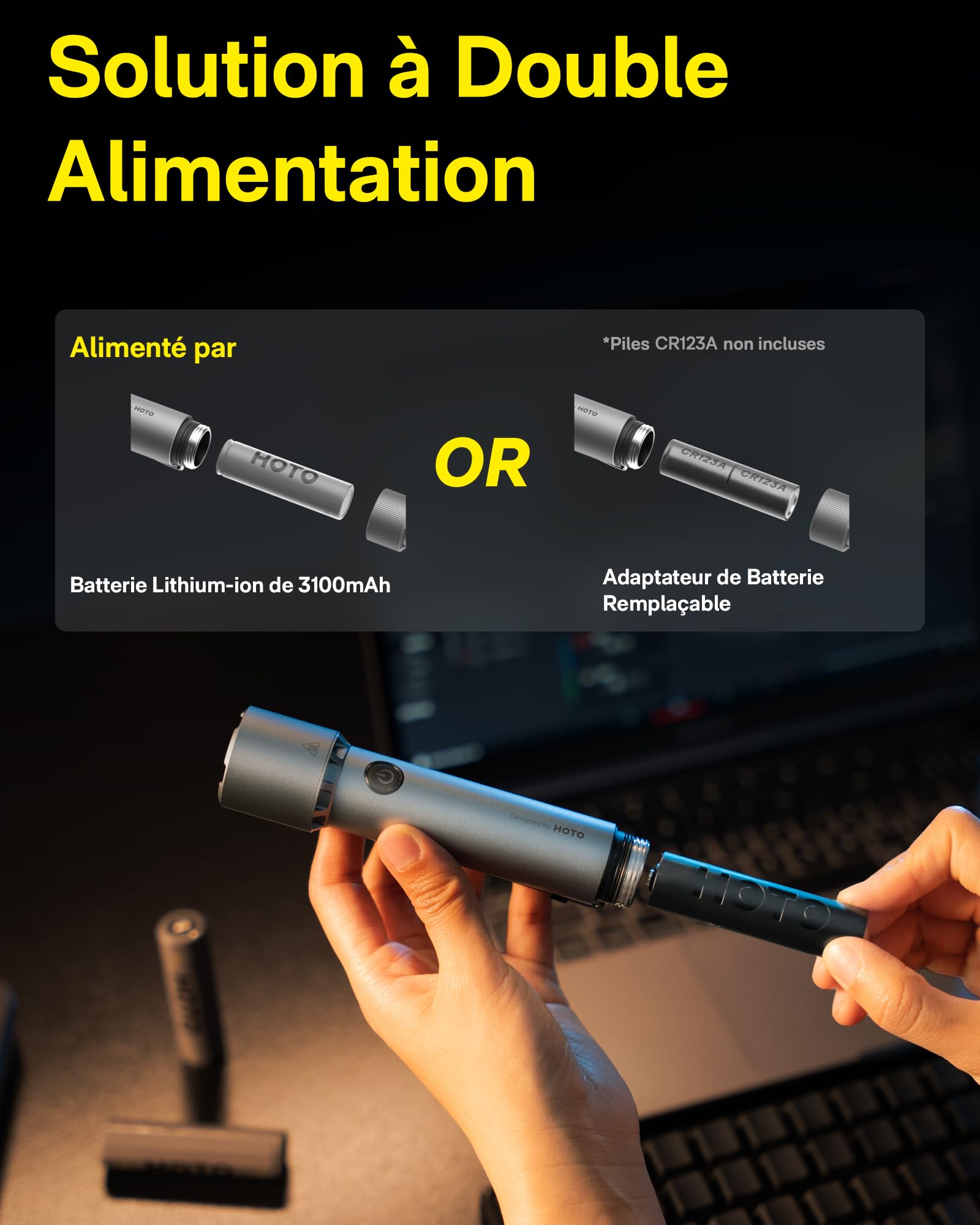 HOTO Lampe Torche LED Ultra Puissante, Lampe Torche Tactique Puissante | 2300 Lumens Lampe de Poche Rechargeable, Avec Batterie Remplaçable, 5 Modes D'éclairage pour Camping Randonnée, et Urgences