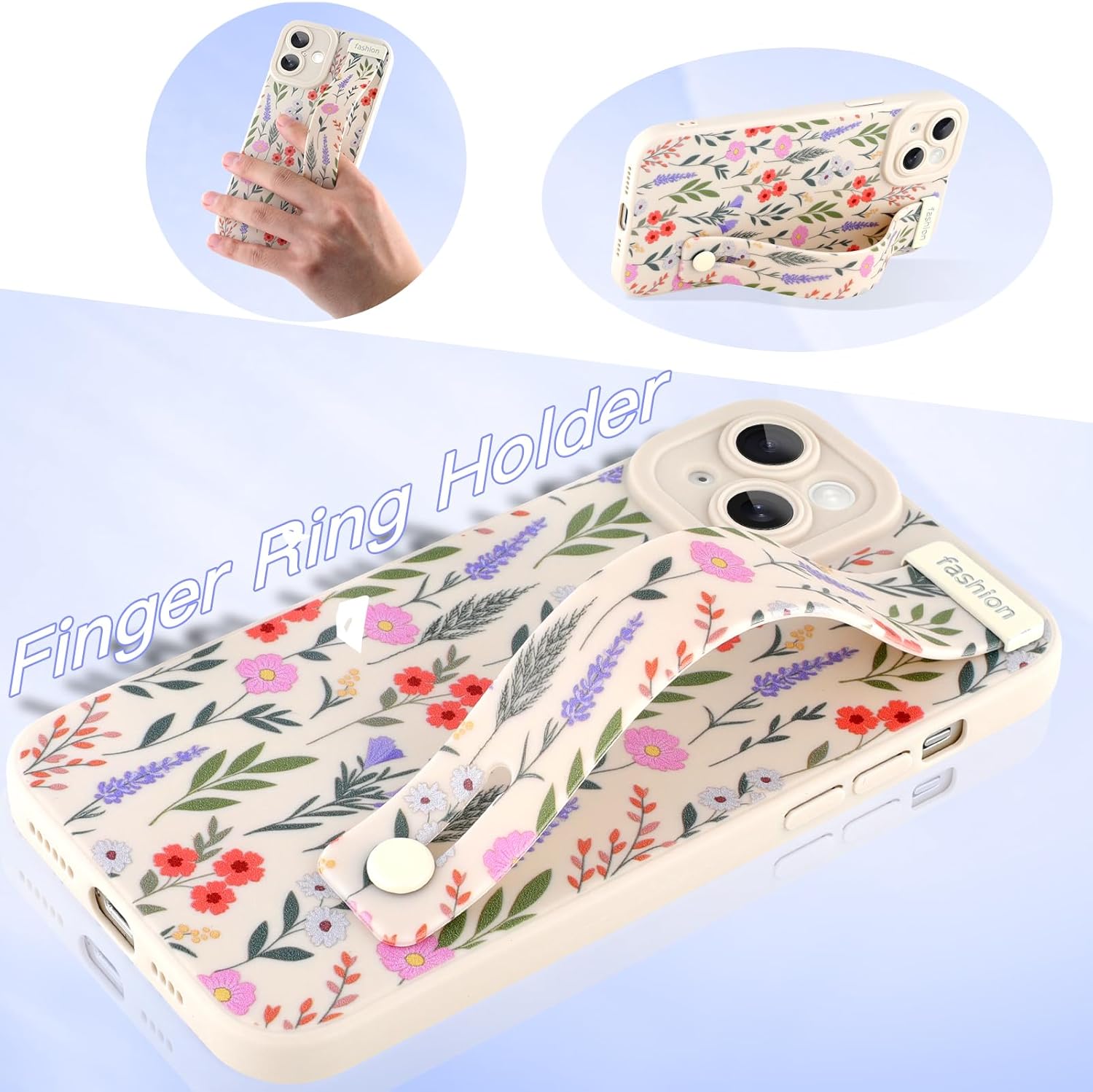 AIGOMARA for iPhone 14 Plus Case with Strap for Women Girls, Cute Floral Flowers Pattern, Soft Wirstband Kickstand Silicone Protective Cover, White - Image 2