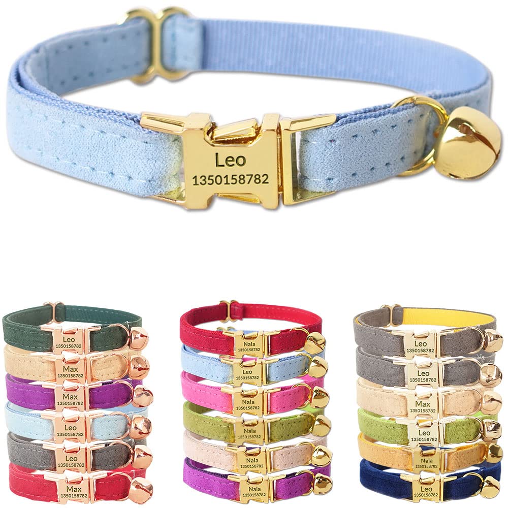 PETDUROPersonalized Velvet Cat Collar Baby Blue with Bell - Engraved Bright Gold Metal Buckle with Name & Phone ID - Fancy, Soft, Adjustable for Boy Girl Cats & Kittens - Optional Bow Tie
