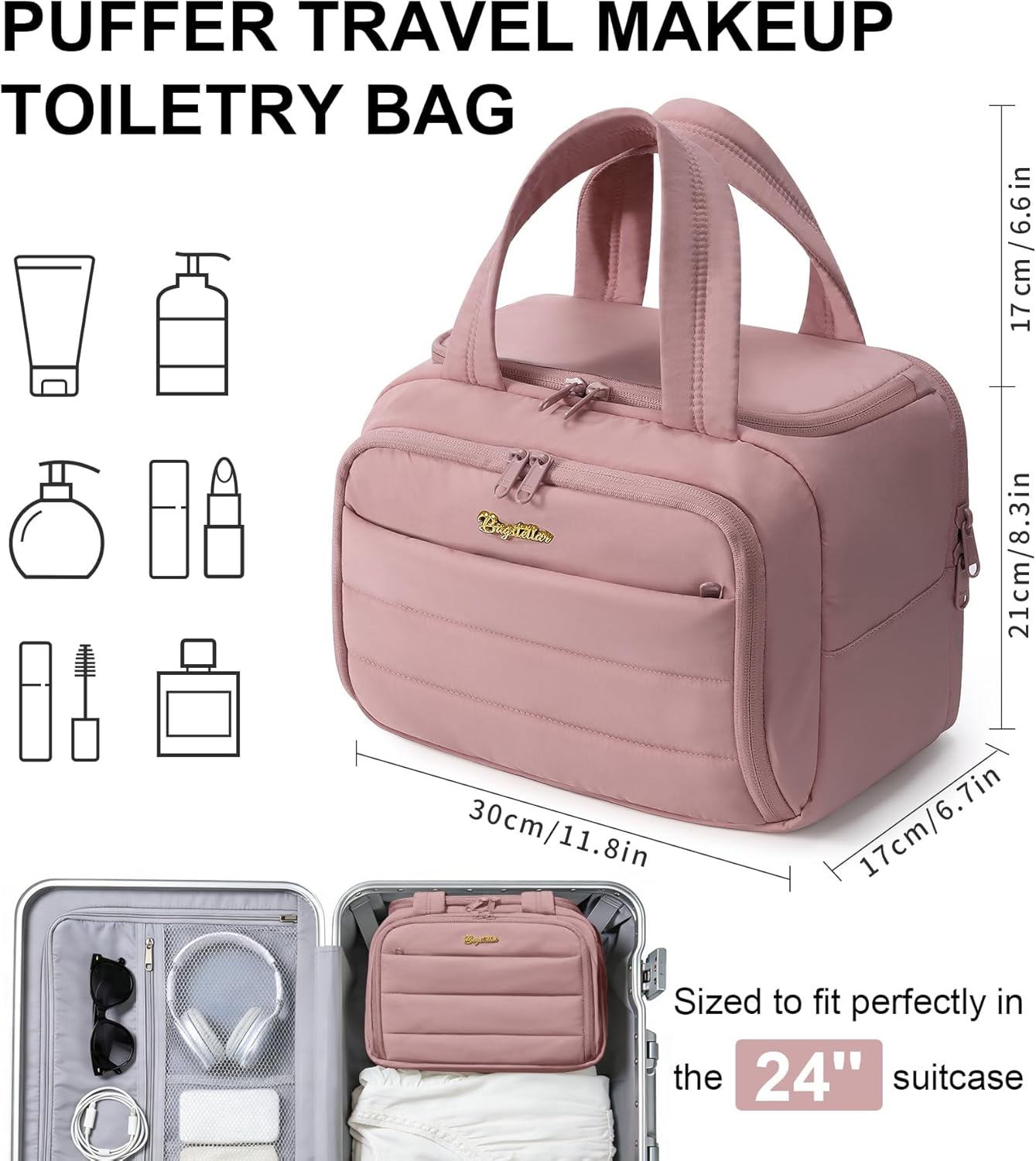 Travel Toiletry Bag for Women, Lightweight Large Quilted Puffy Makeup Bag Wide-open... - Image 2