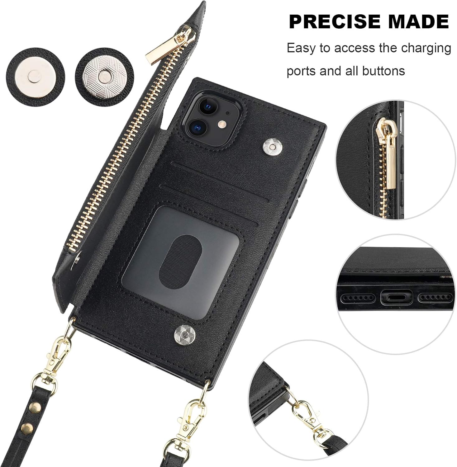 Bocasal Crossbody Wallet Case for iPhone 11 with Card Holder,Zipper Card Slot Protector Shockproof Purse Cover with Removable Cross Body Strap 6.1 Inch(Black) - Image 6