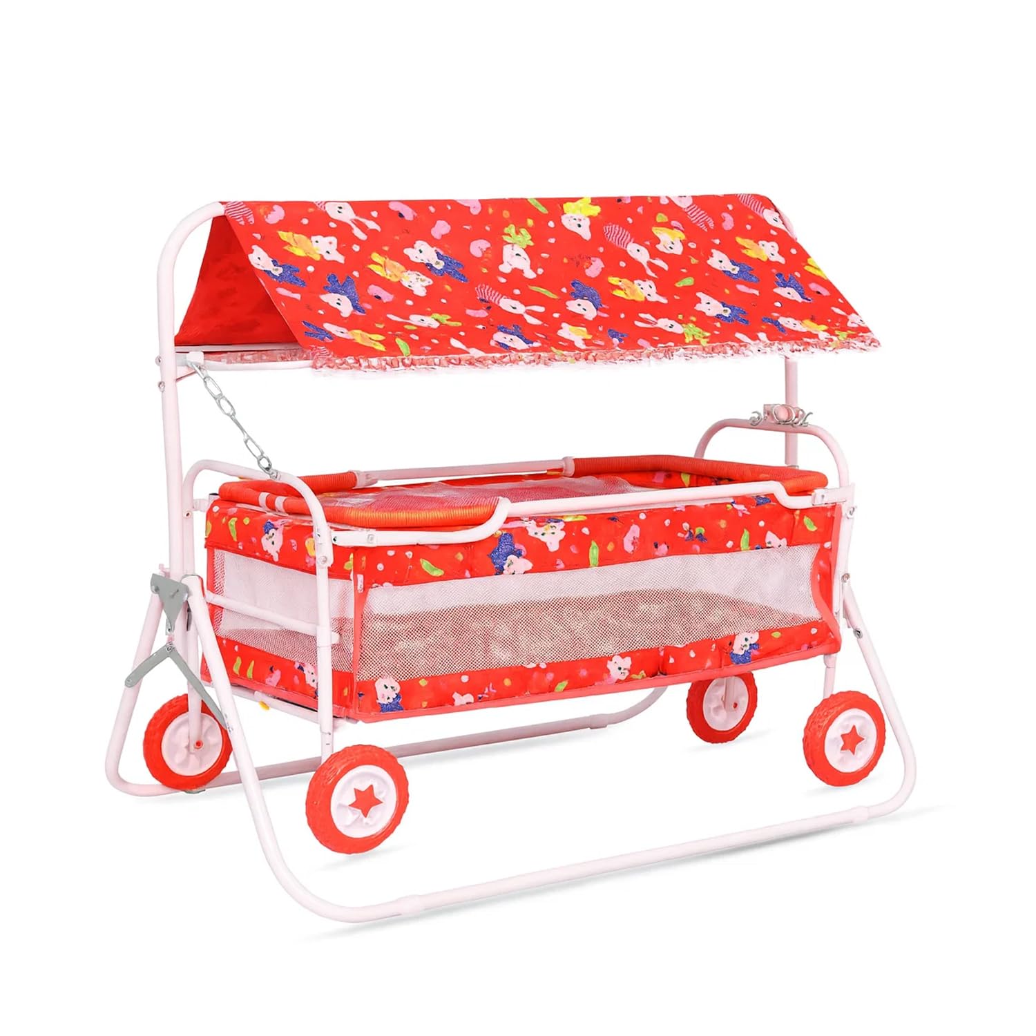 BabyGo 2-in-1 Foldable Baby Cradle Cot with Mosquito Net and Canopy, Wheeled Rocking Sleeping Cradle with Soft Bedding Bed for Newborns and Infants, Indoor Stroller Style Swing Cot, Red-image-11