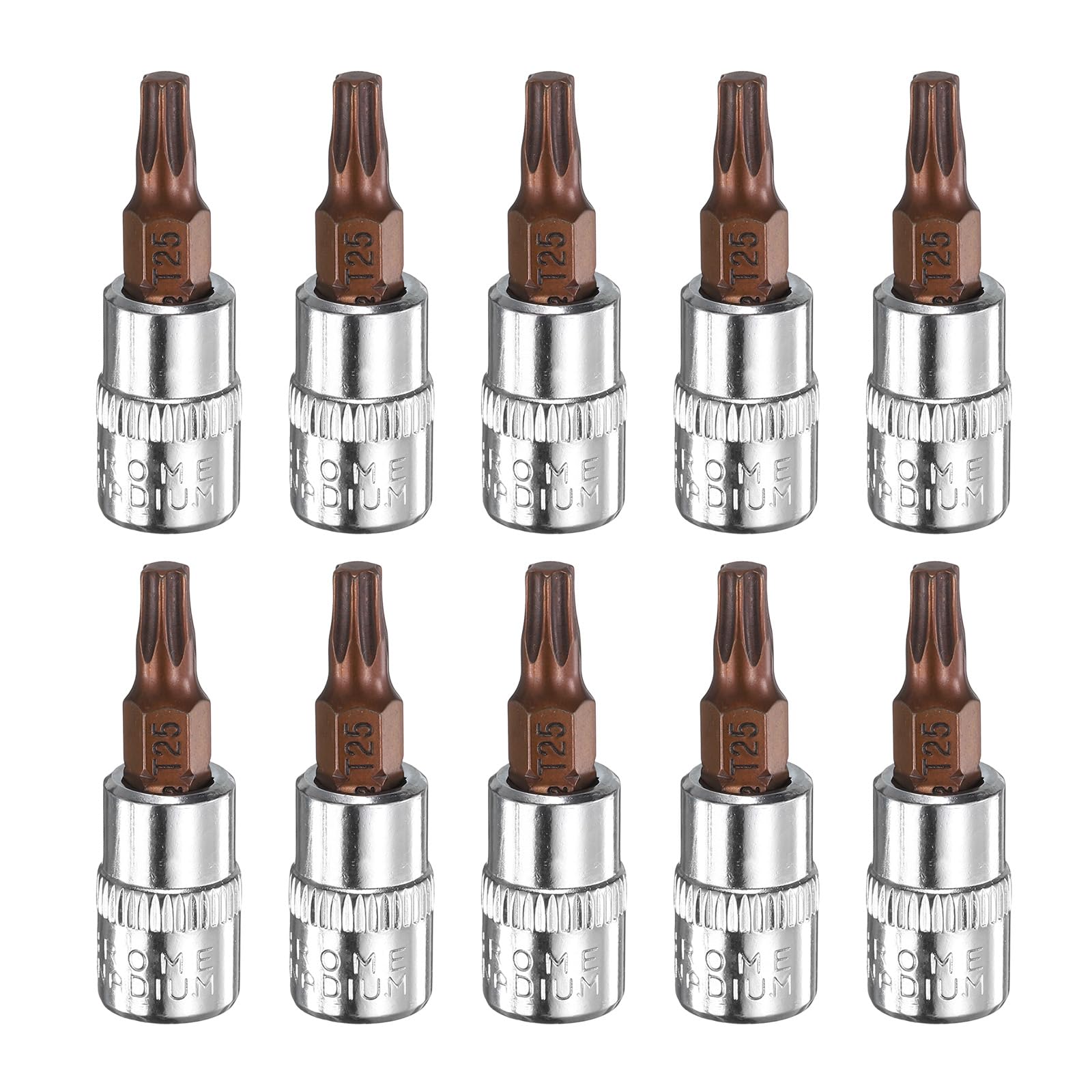 HARFINGTON 10pcs T25 Torx Bit Socket 1/4" Square Drive Star 6 Point S2 & CR-V Steel Socket Ratchet Wrench Bits, Silver Red