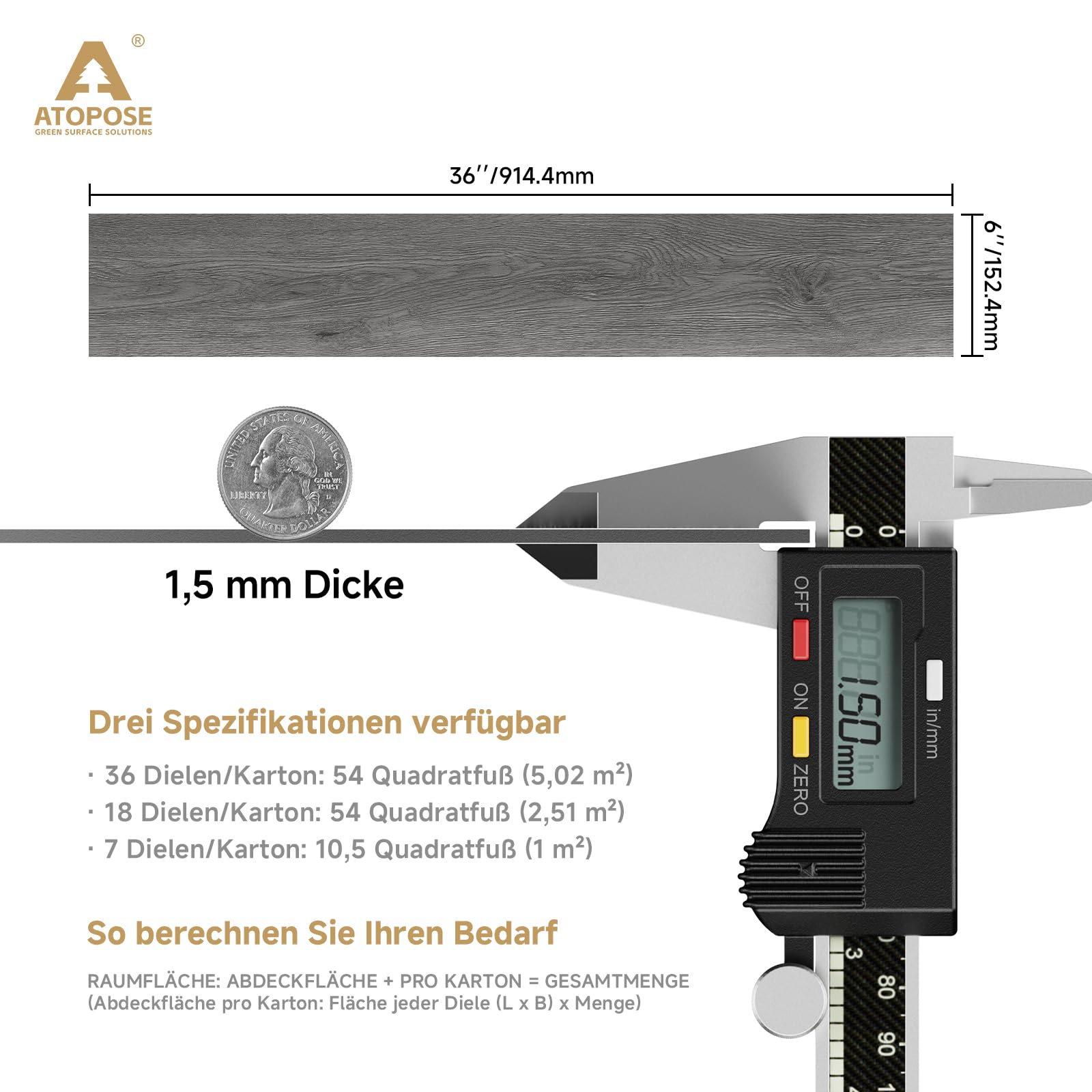 ATOPOSE PVC Bodenbelag Selbstklebend | Klick Vinylboden Holzoptik | 1,5 mm dick, 36 Bodenplatten, für eine Fläche von 5,02 m² | Wasserdicht & Einfache DIY Verlegungfür Küche Bad Wohnzimmer