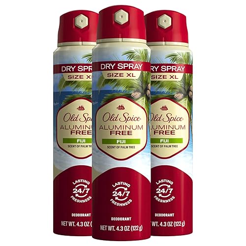 Old Spice Desodorante sin aluminio para hombre, spray corporal seco, Fiji, protección contra olores 24/7, 4.3 onzas (paquete de 3)
