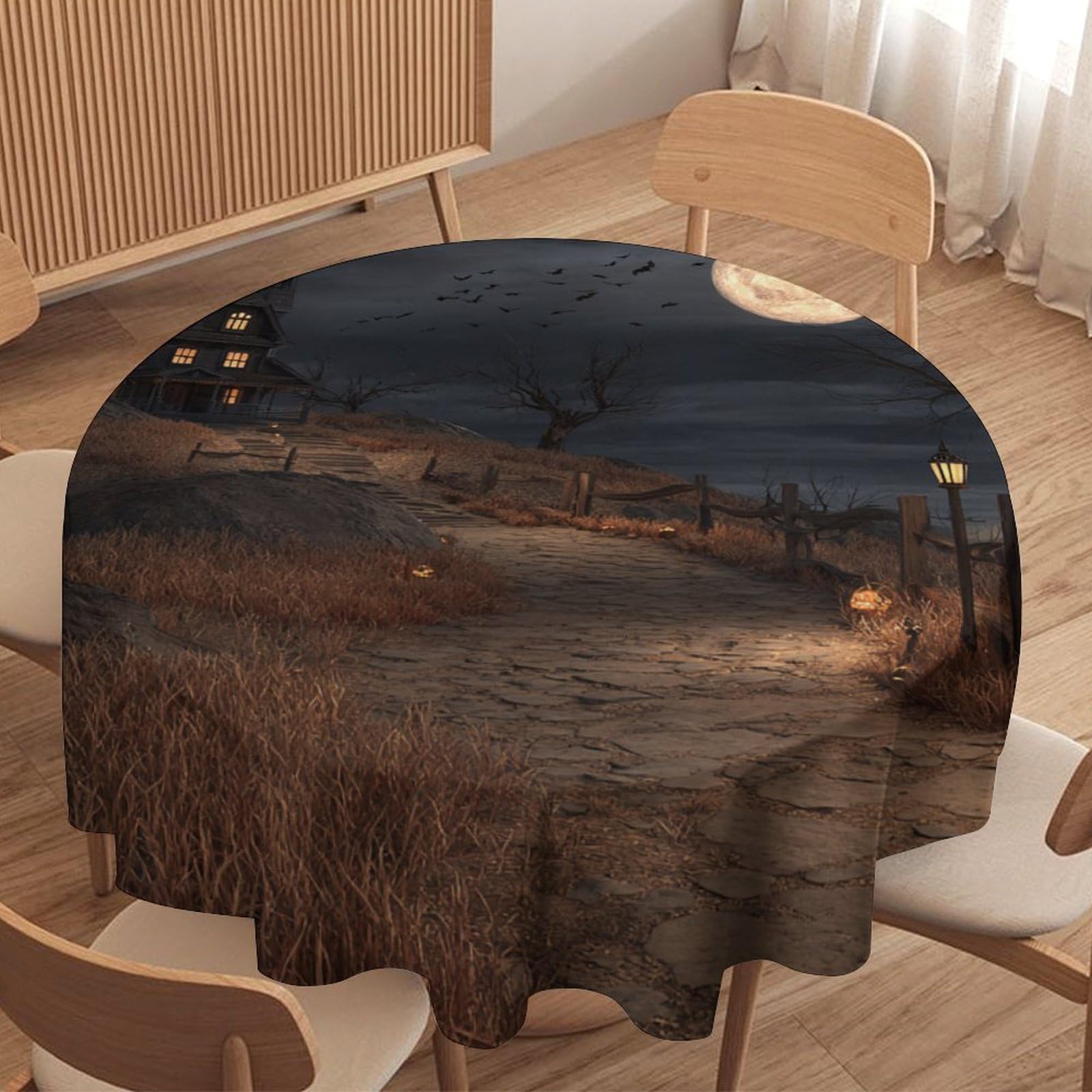 Luyysky Classic Beautiful Horror House Round Tablecloth Gothic Oil Painting Halloween Full Moon Pumpkin Animals Bats Washable Decor For Table Cover For Kitchen-127 Wx127 L Cm