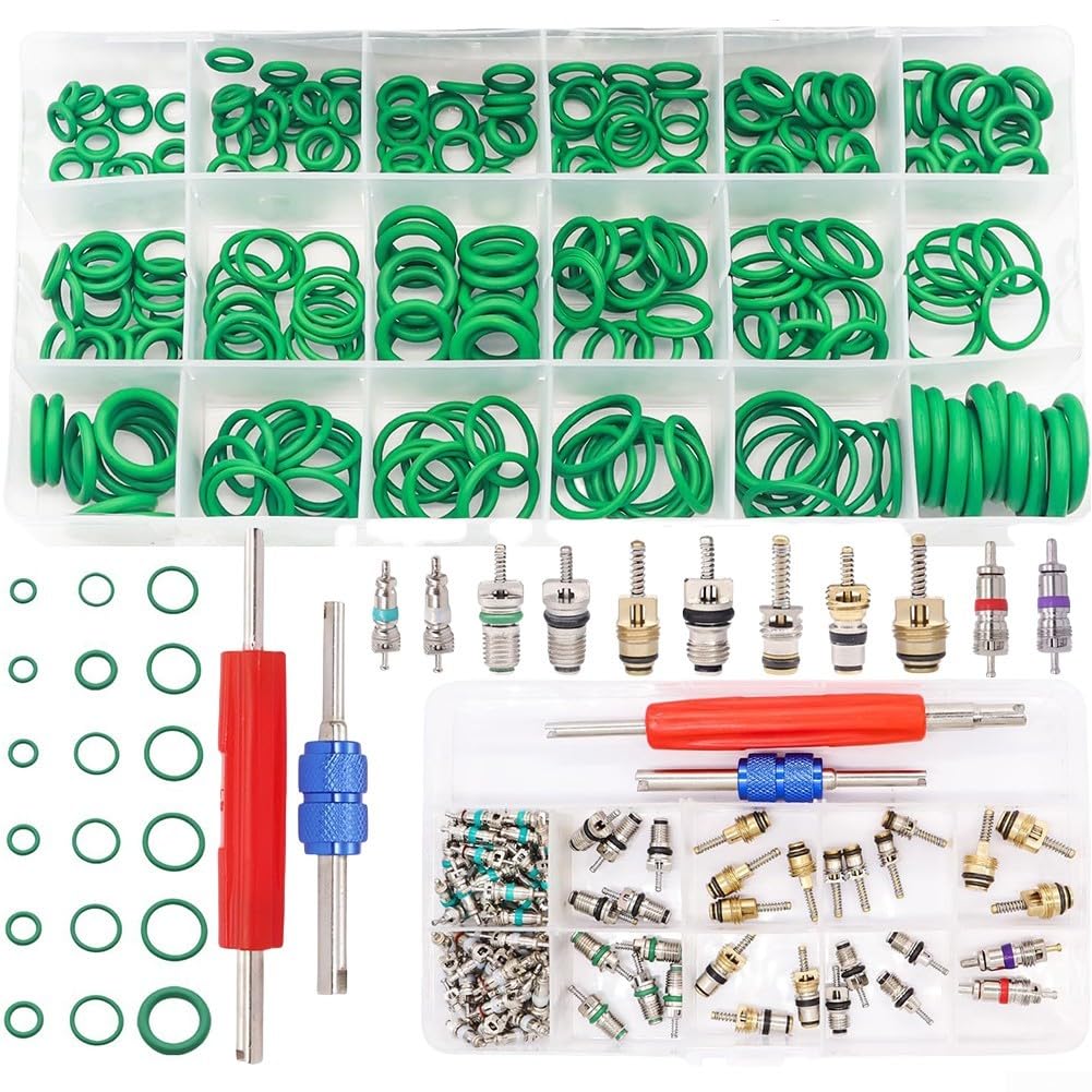 Kit di 372 valvole per condizionatore d'aria per sistemi R12 e R134a - Include nucleo valvola in plastica e metallo, scatola portaoggetti organizzata (20 x 10 x 5 cm) per veicoli elettrici