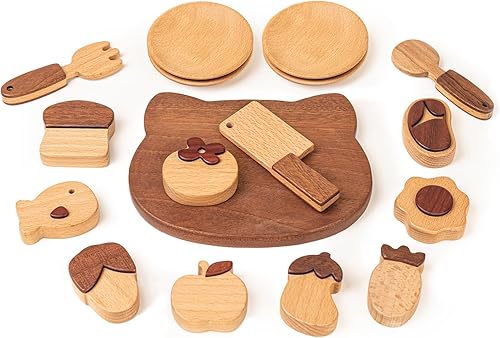 Juego de comida de madera para jugar, juguete de cocina Montessori de 17 piezas con tabla de cortar y frutas  Comida de juego de simulación para la