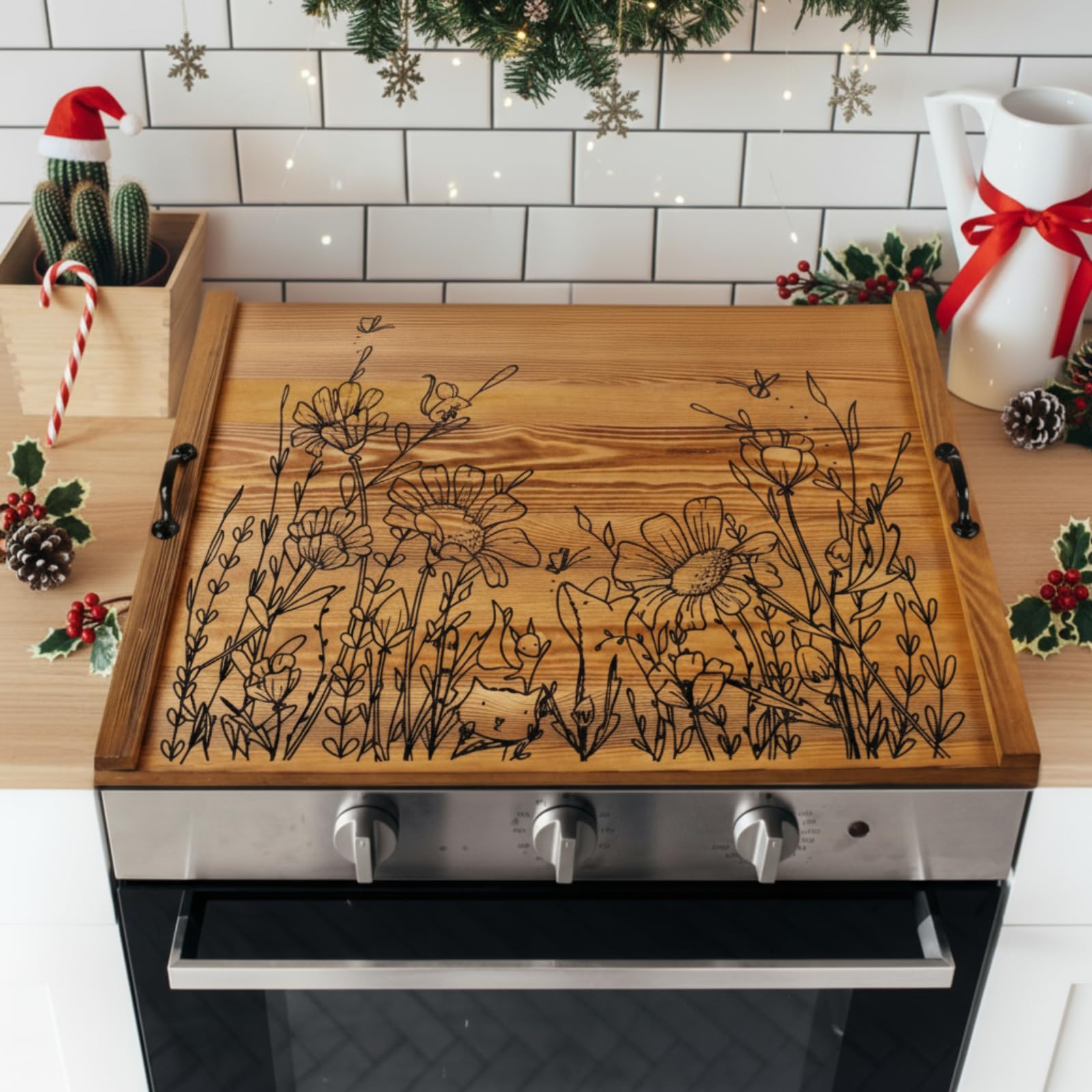 Wooden Noodle Board Stove Top Cover with Handles for Electric Stove 30" x 22" Pine Wooden Stoves Cover for Gas Burners Decorative Tray for Kitchen