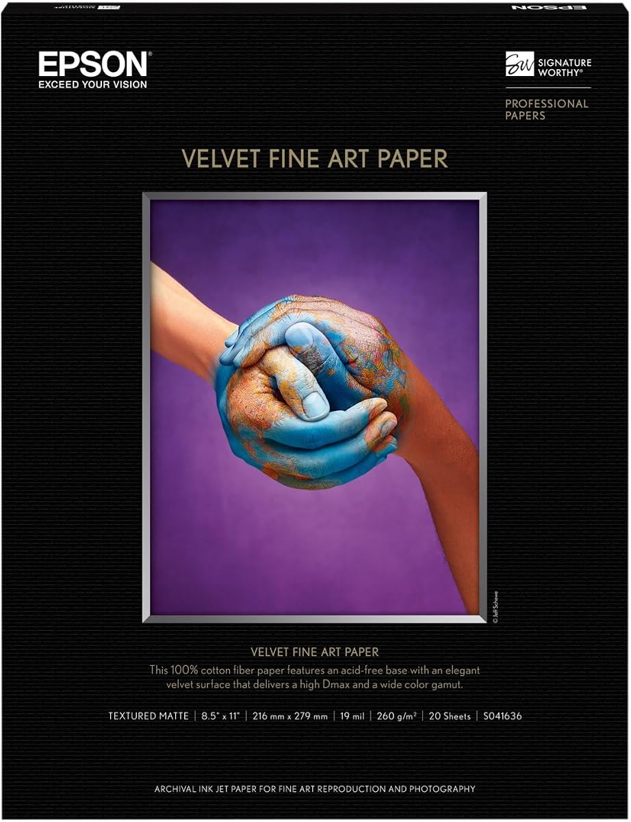 Epson Velvet Fine Art Paper (8,5 x 11 pulgadas, 20 hojas) (S041636), blanco
