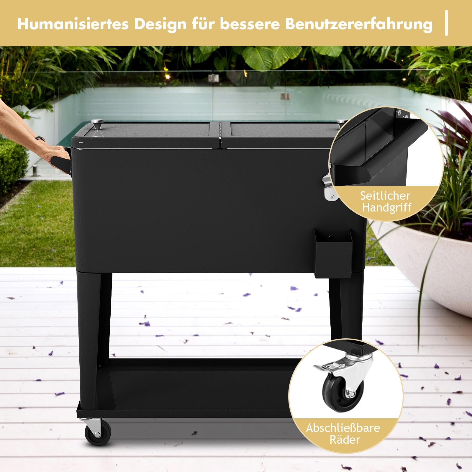 COSTWAY 76L Kühlwagen Beistellwagen, Servierwagen Kühlbox mit Rädern und Ablagefläche, Kühlbehälter Getränkewagen, Getränkekühler inkl. Flaschenöffner für Outdoor Terrassen Party (Schwarz)