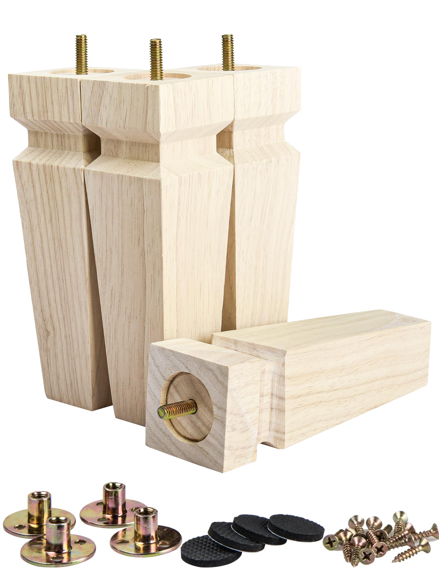 La Vane 8 inch Solid Wood Furniture Legs with Mounting Plates - Set of 4, Mid-Century Modern Pyramid Tapered Legs for Sofa, Chair, Ottoman, Table - Unfinished Replacement Feet