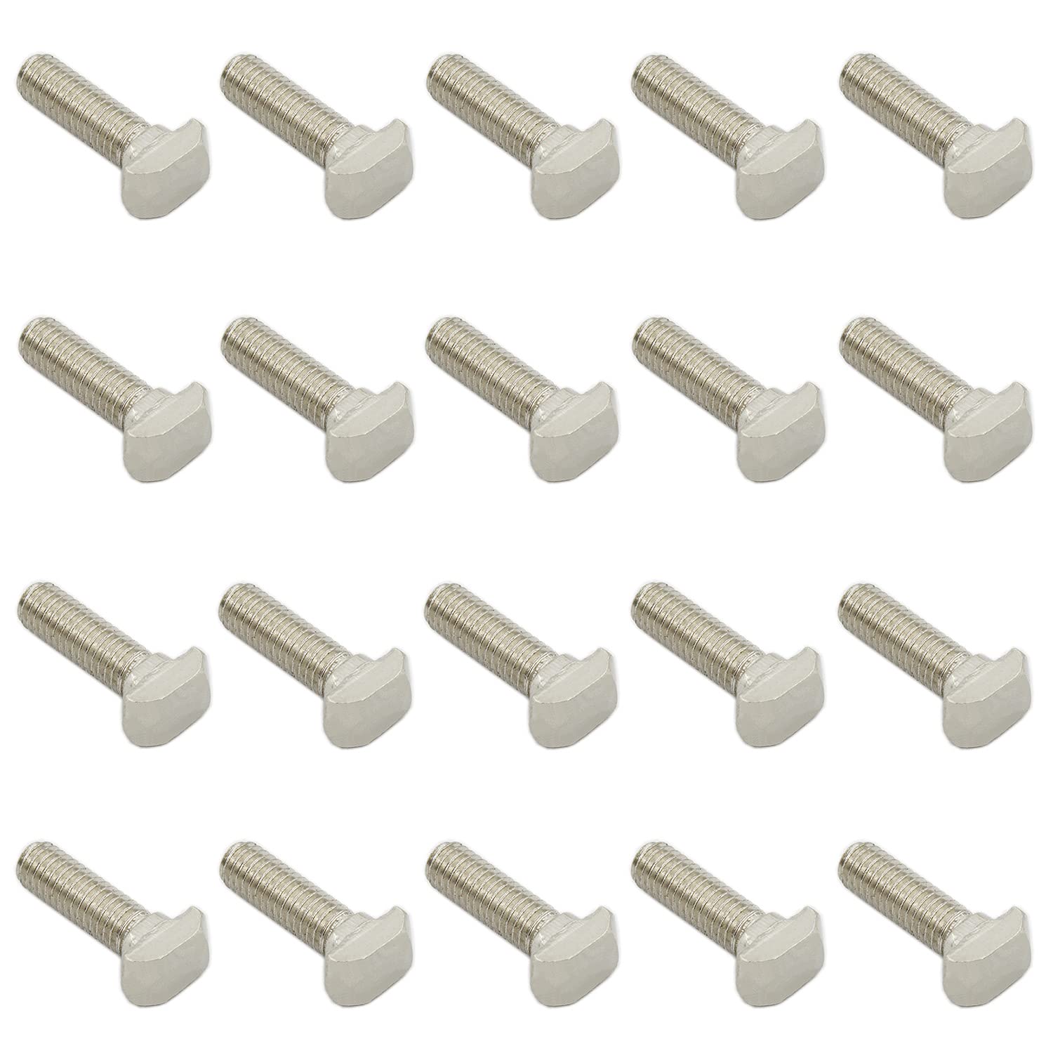 20 PCS M5 Thread T-Slot Drop-in Stud Sliding Screw Bolt, TTZEZE Heavy Duty Silver Tone Carbon Steel Nickel Plated Hammer Head Bolt T Shape Screws for European Standard 20 Series Aluminum Profile
