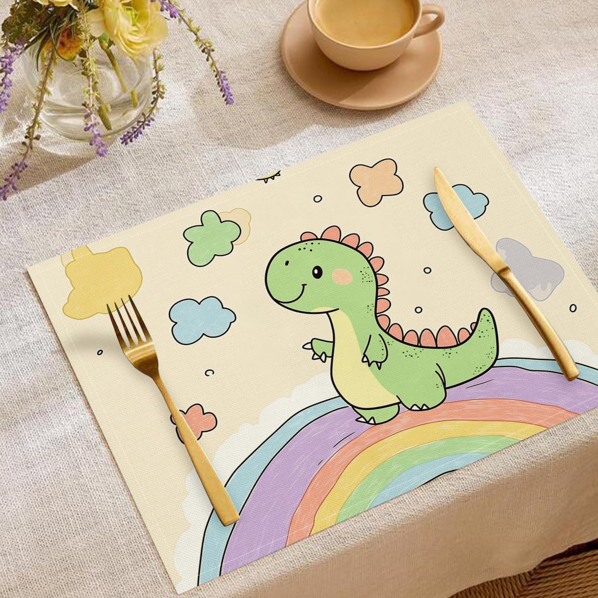Cute Animals Placemats- Cartoon Dinosaurs Linen Table Place Mat - Set of 6 Farmhouse Non-Slip Heat Resistant Table Mats for Dining Kitchen Cabin Lodge Decor