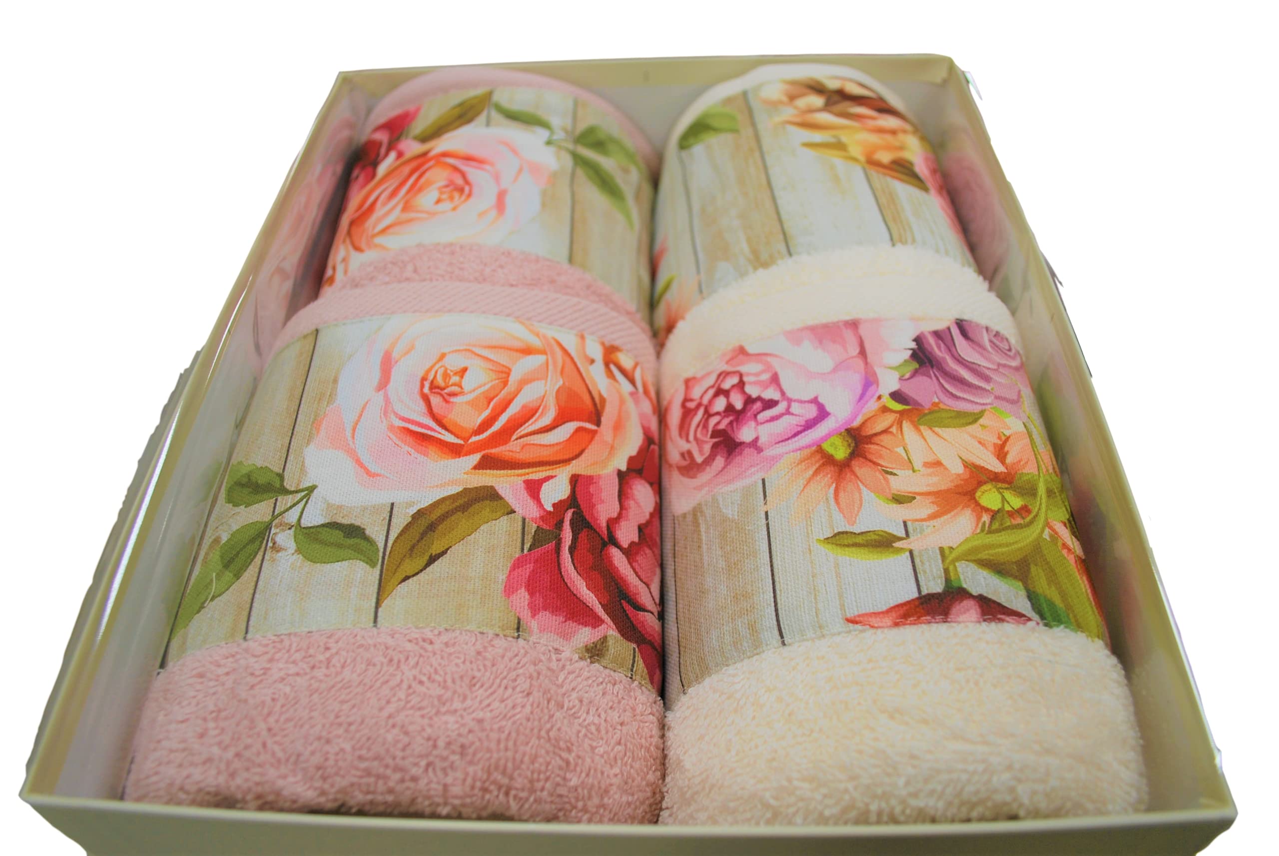 GERMINI SET DI ASCIUGAMANI DA BAGNO 4 PEZZI CON BORDO FANTASIA A ROSE SPUGNA DI PURO COTONE IN SCATOLA REGALO MADE IN ITALY (BEIGE/ROSA)