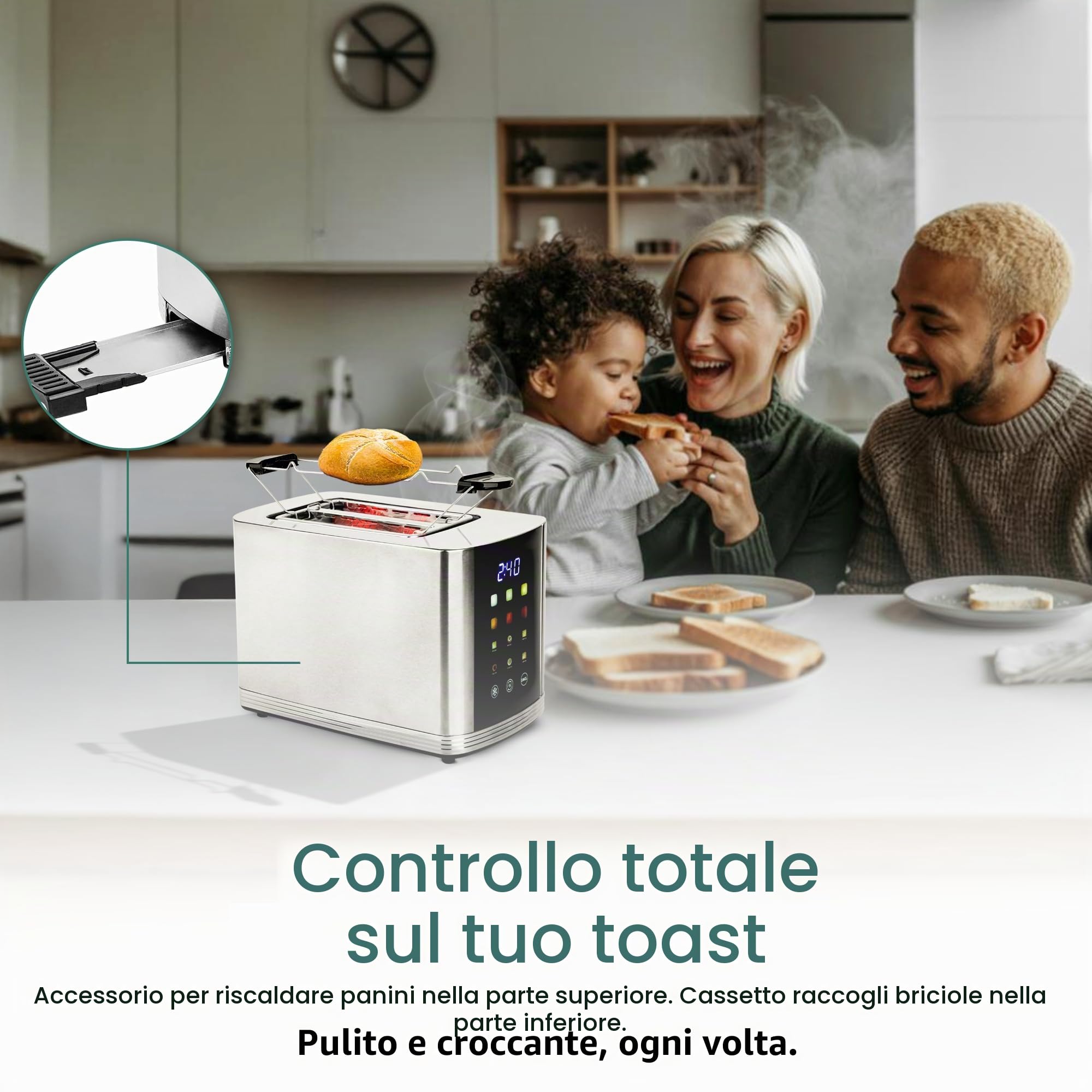 EMERIO Tostapane in acciaio inox con grande display a colori, touch, 2 fessure per tostapane, centraggio automatico, cassetto raccoglibriciole, scongelamento, riscaldamento, 6 livelli di doratura, 800