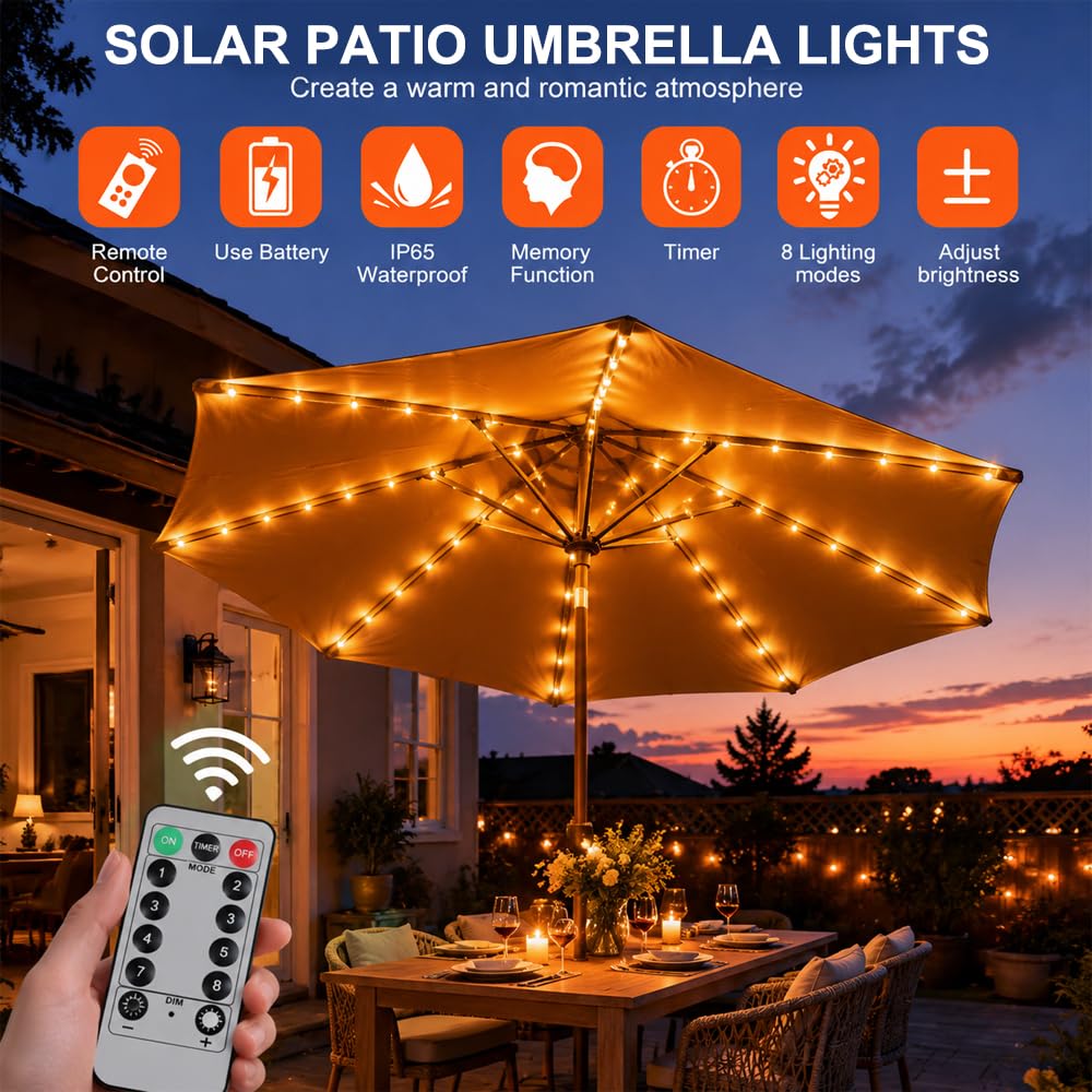 Luces LED para Sombrilla de Terraza Exterior, Guirnalda Impermeable IP65 con Mando a Distancia 8 Modos, Iluminación Recargable para Jardín, Sombrillas y Patio, Blanco Cálido (104 LED, 8 Tiras)