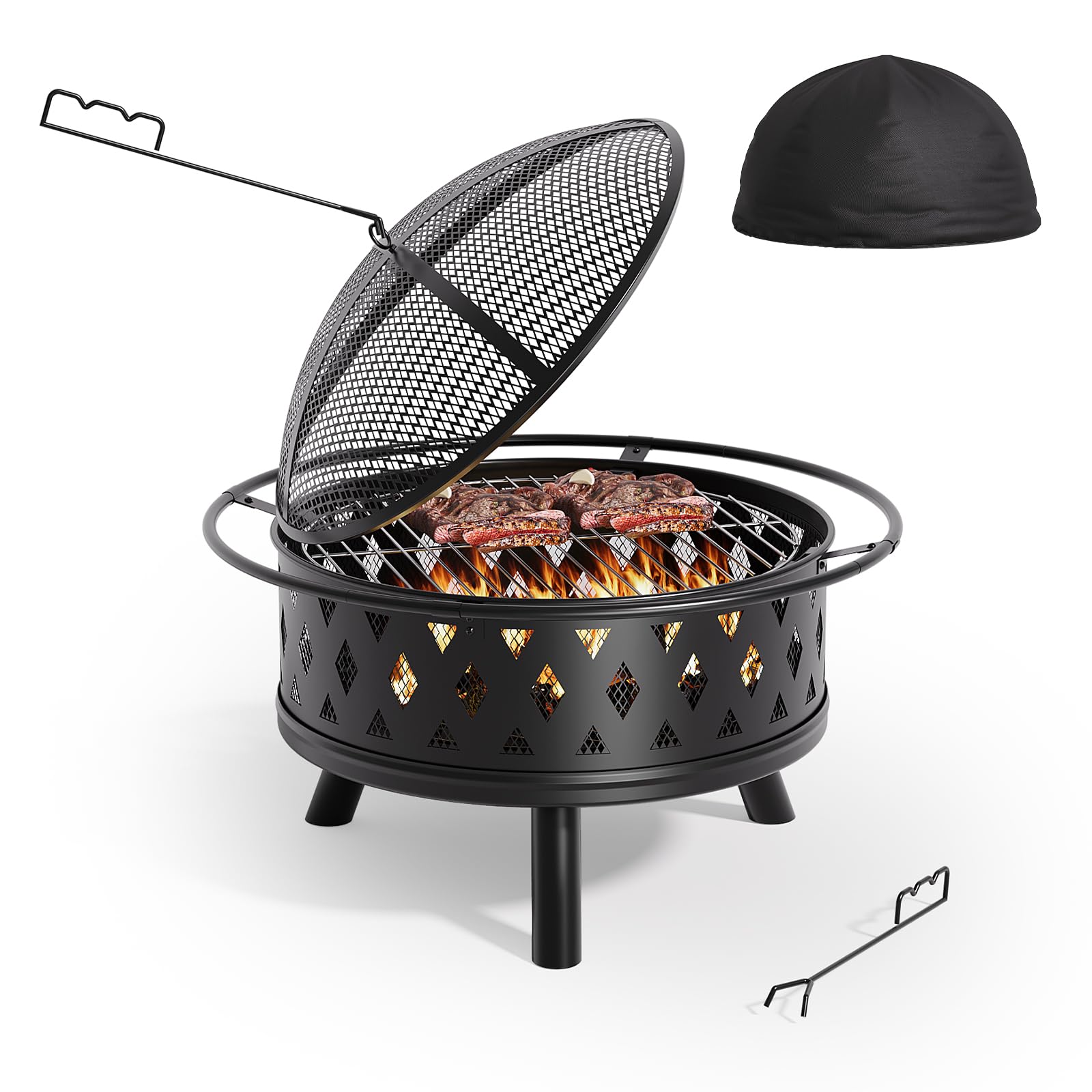 Xbro Brasero Exterior Jardin con Protector de Chispa,2 en 1 Barbacoa Brasero,Brasero Exterior con Cubierta Protectora Impermeable,Estufa Exterior,Camping Brasero,Fire Pit Medidas Ø 76 x 50 cm,Negro