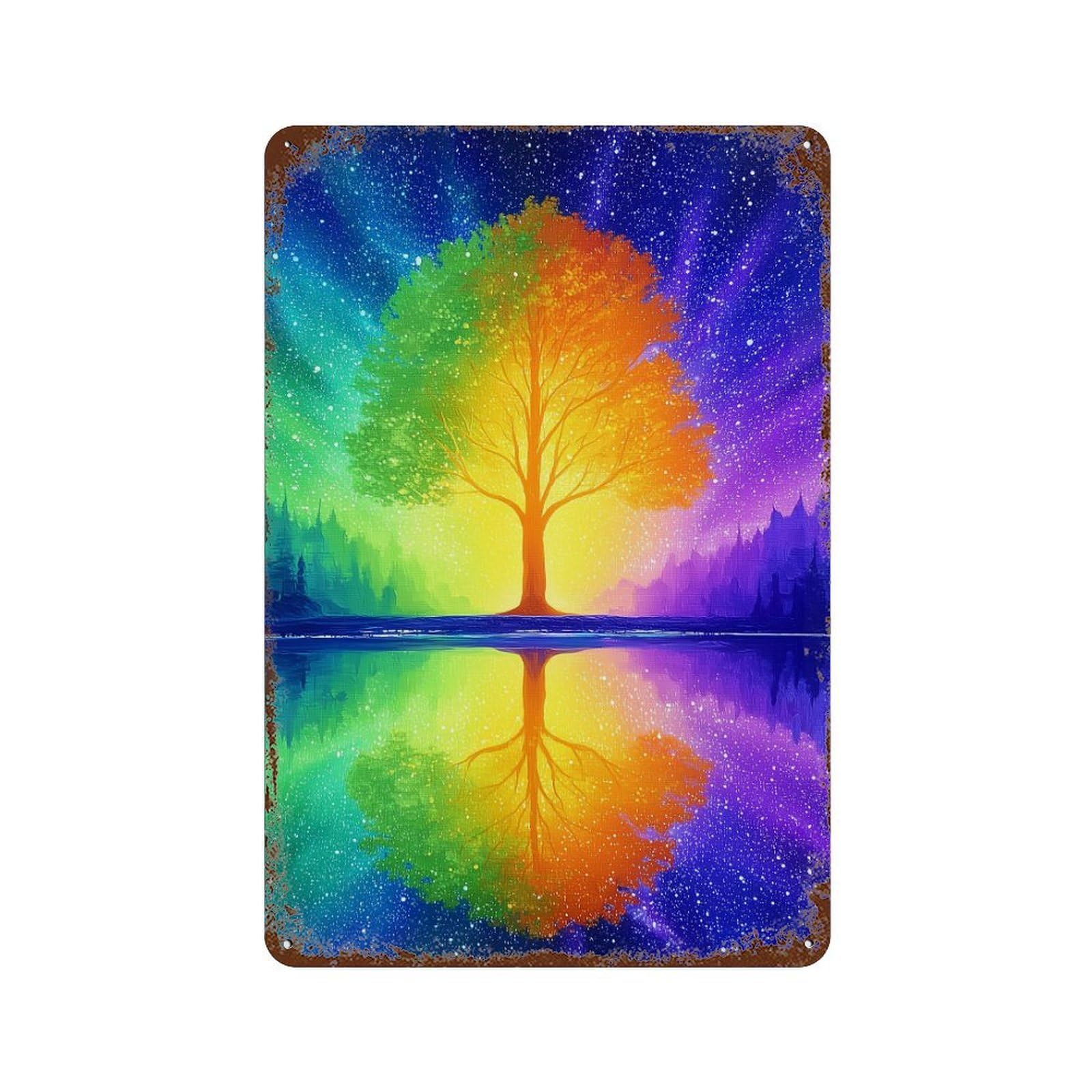 Rainbow Tree Reflection Art Print 11.8"x7.9" Weathered Tin Sign, Shabby Chic Decor for Farmhouse, Kitchen And Entryway Decor