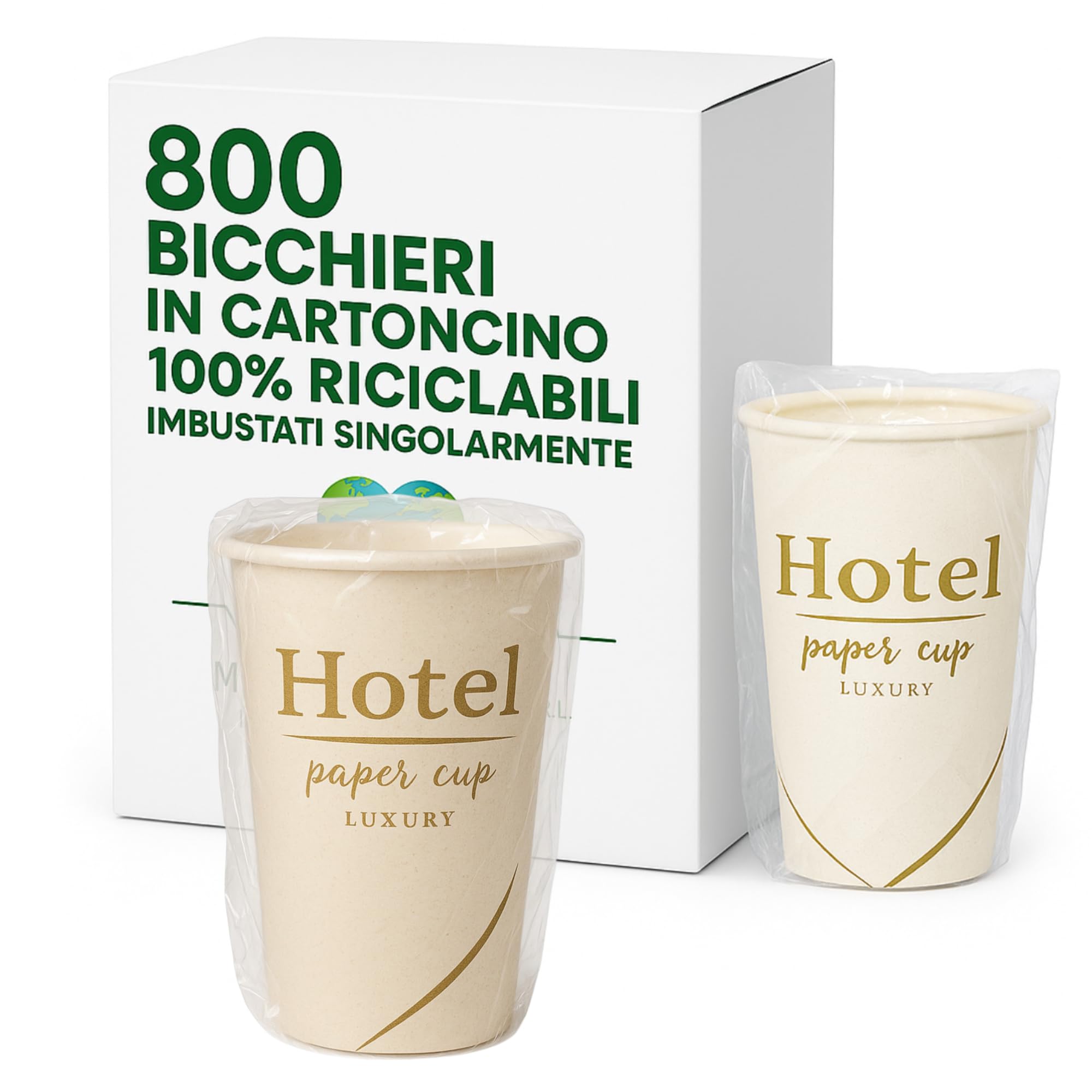Generico Bicchieri in Carta Imbustati Singolarmente 200 ml – Fantasia Hotel – Confezione da 800 Pezzi – Monouso, Igienici e Riciclabili – MP Eco Solutions