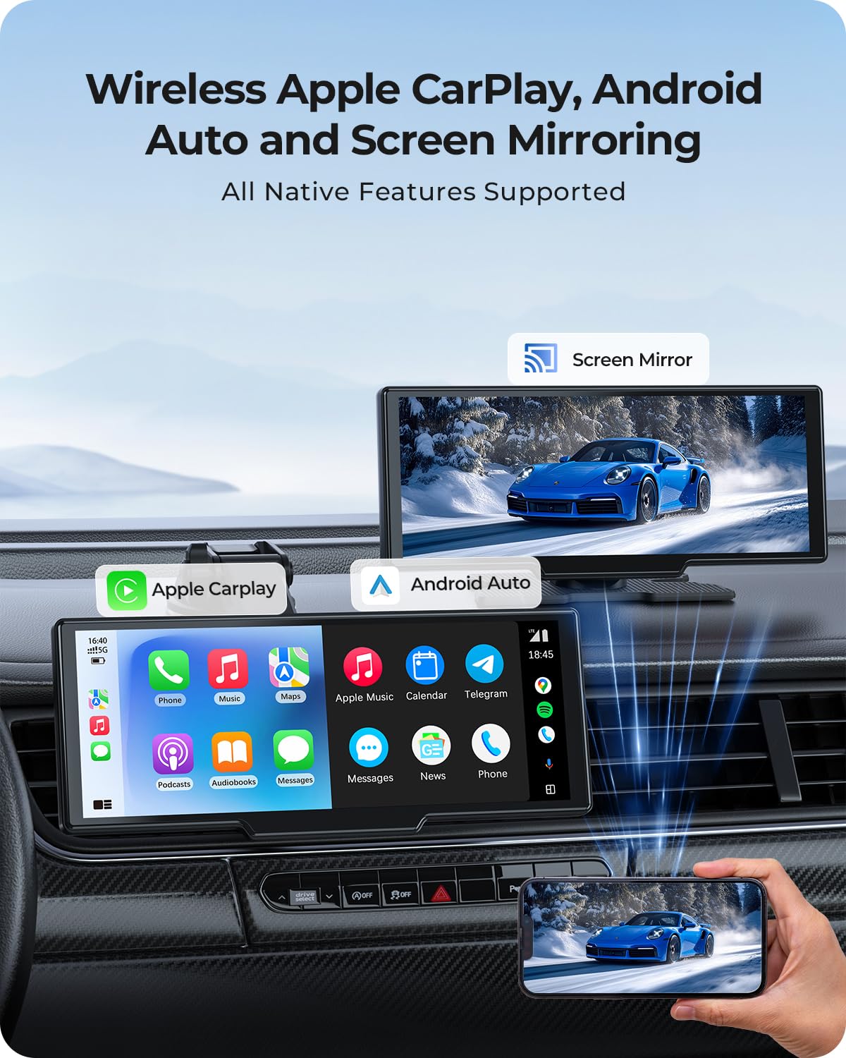 Bezprzewodowy przenośny wyświetlacz Car Play o przekątnej 9,26" z przednią kamerą 4K i tylną kamerą HD - podwójna kamera samochodowa dla Apple CarPlay i Android Auto z aktualizacjami OTA