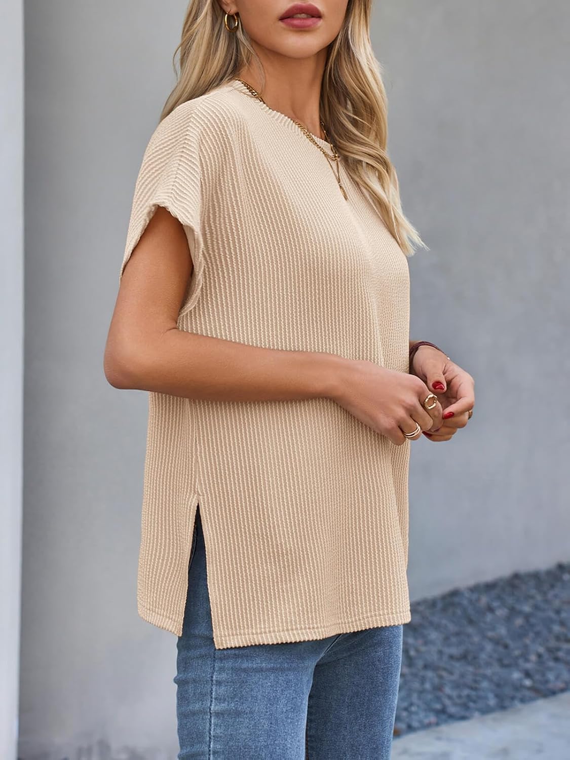 Tankaneo Womens Oversized Short Cap Sleeve Tunic Tops Summer Casual Textured Ribbed Knit T-Shirts Loose Fit Tees - Image 7