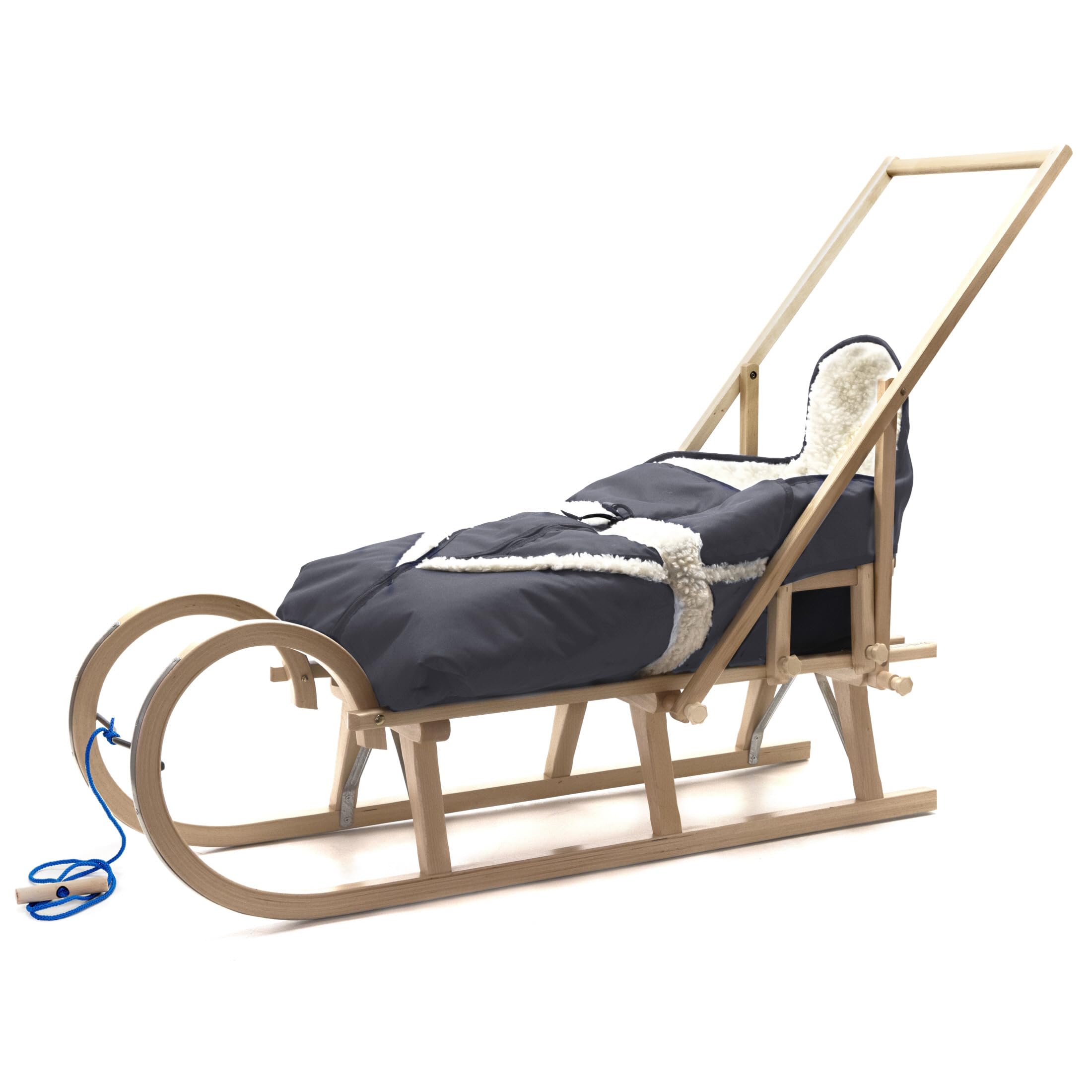 Babyschlitten Hörnerschlitten Holzschlitten Baran Baby 120 mit Lehne Schieber Alaska Schlittensack mit Farbauswahl (Grafit)