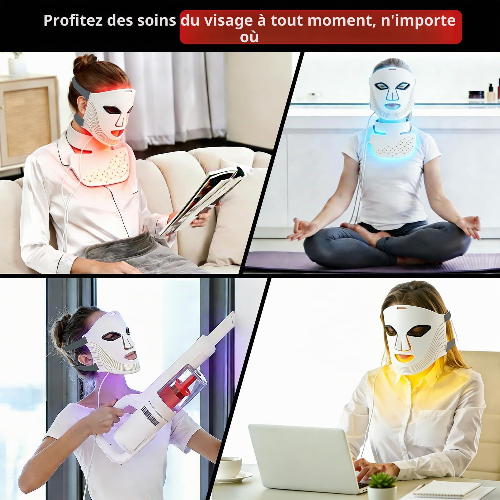 Masque LED Visage & Cou,Thérapie par Lumière Rouge à 7 Couleurs avec Minuterie Intelligente - Raffermissant, Soin Visage pour Tous Types de Peau,Blanc