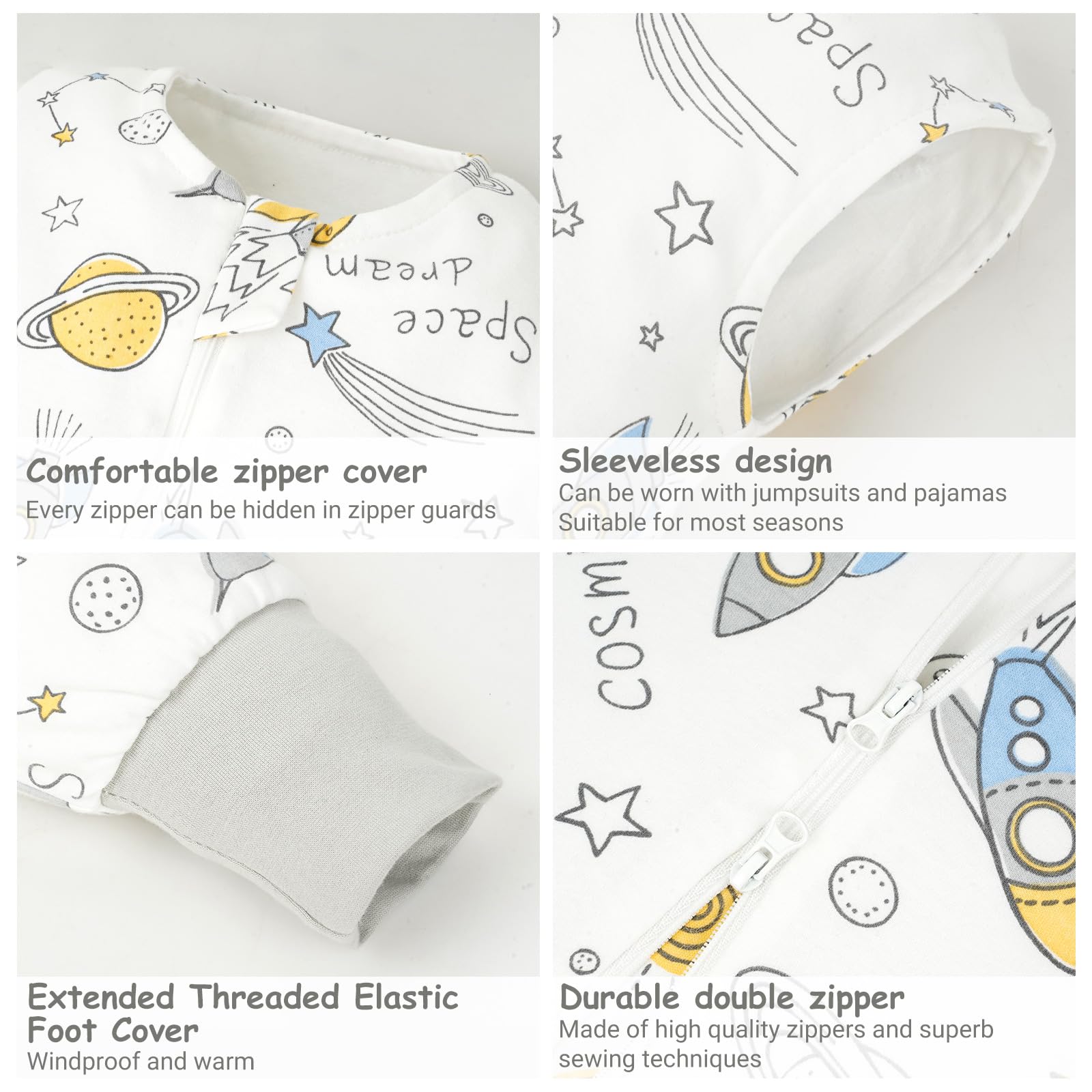 WYTbaby Sacco nanna con piedi, 1,0 Tog, in 100% cotone, morbido sacco a pelo per tutto l'anno, senza maniche, ideale per dormire e calore, perfetto per ragazzi e ragazze, 70 cm