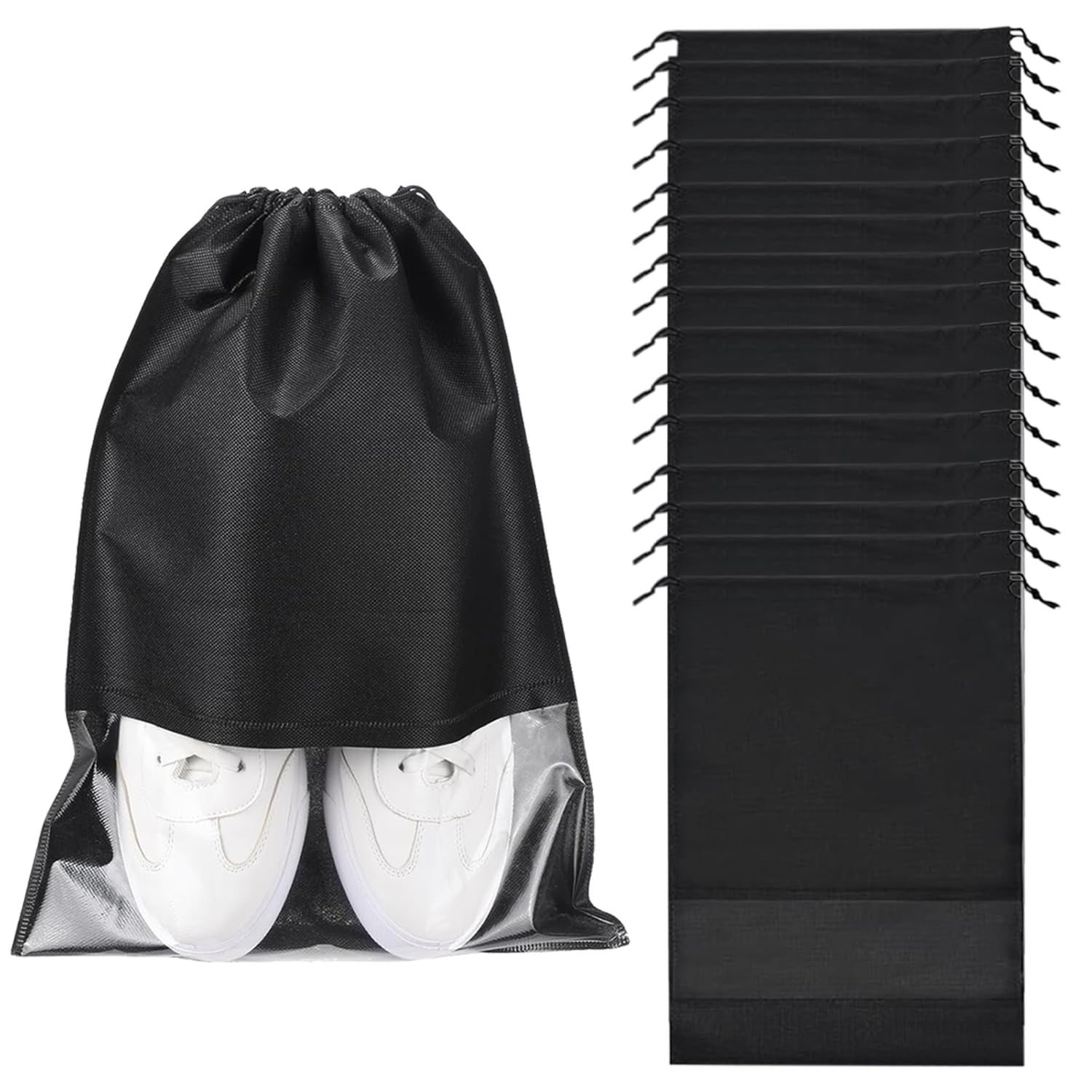 15 PCS Shoe Bags for Travel,Non-Woven Shoes Storage Bag,with Drawstring and Transparent Window,for Men and Women(Large,Black)
