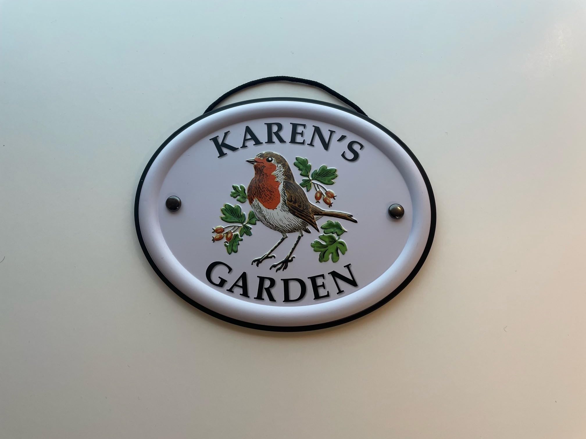 Personalised Embossed Metal Garden Sign 12x15cm – British Bird Design – Outdoor Decorative Hanging Garden Plaque – Weatherproof Metal Sign for Garden Walls Fences or Sheds (Karen)