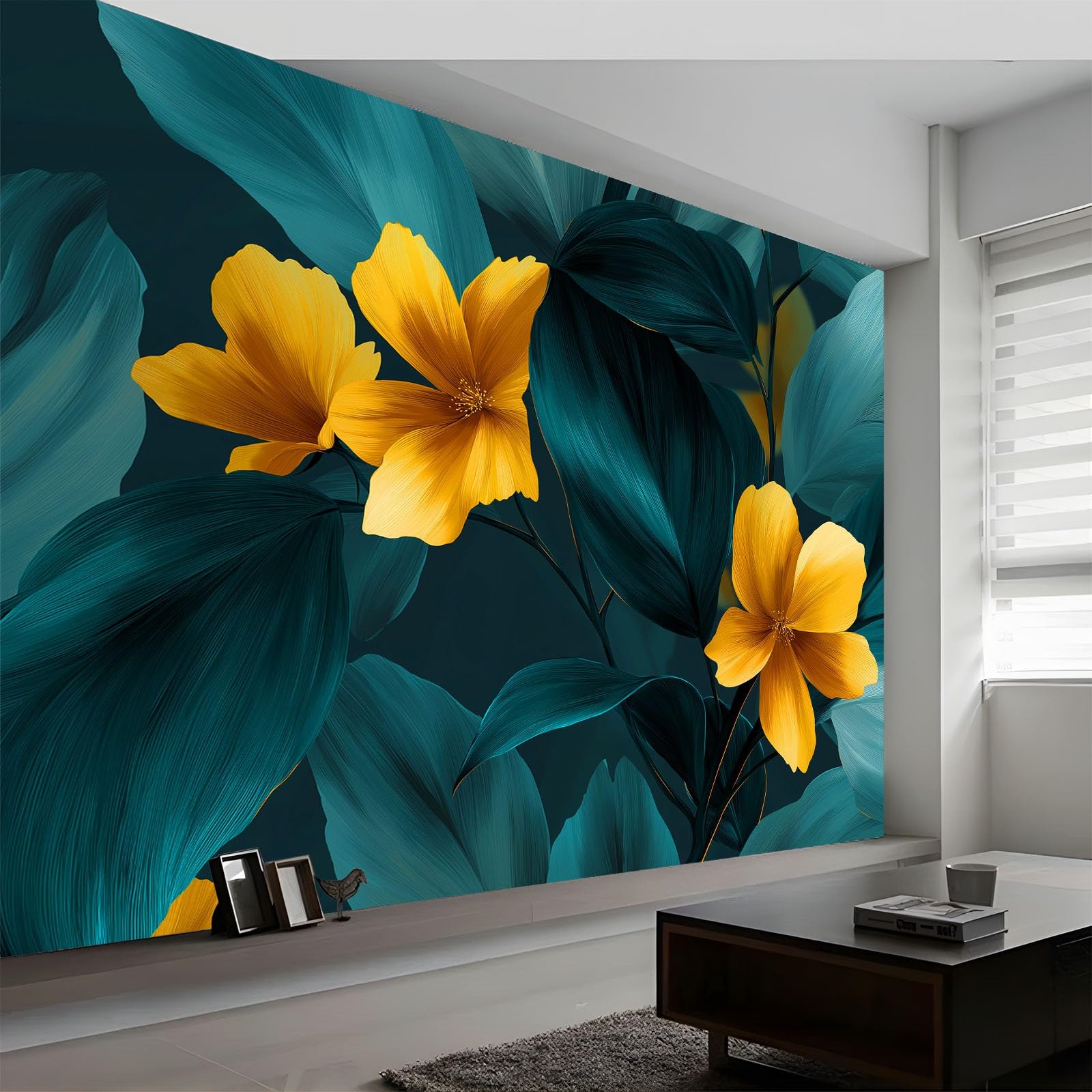 Panoramiczna tapeta 3D 350 x 256 cm elegancja rośliny kwiaty liście tapeta z włókniny, duży plakat ścienny do salonu, dekoracji pokoju dziecięcego, łatwy montaż, ciemnoniebiesko-ciemnozielony