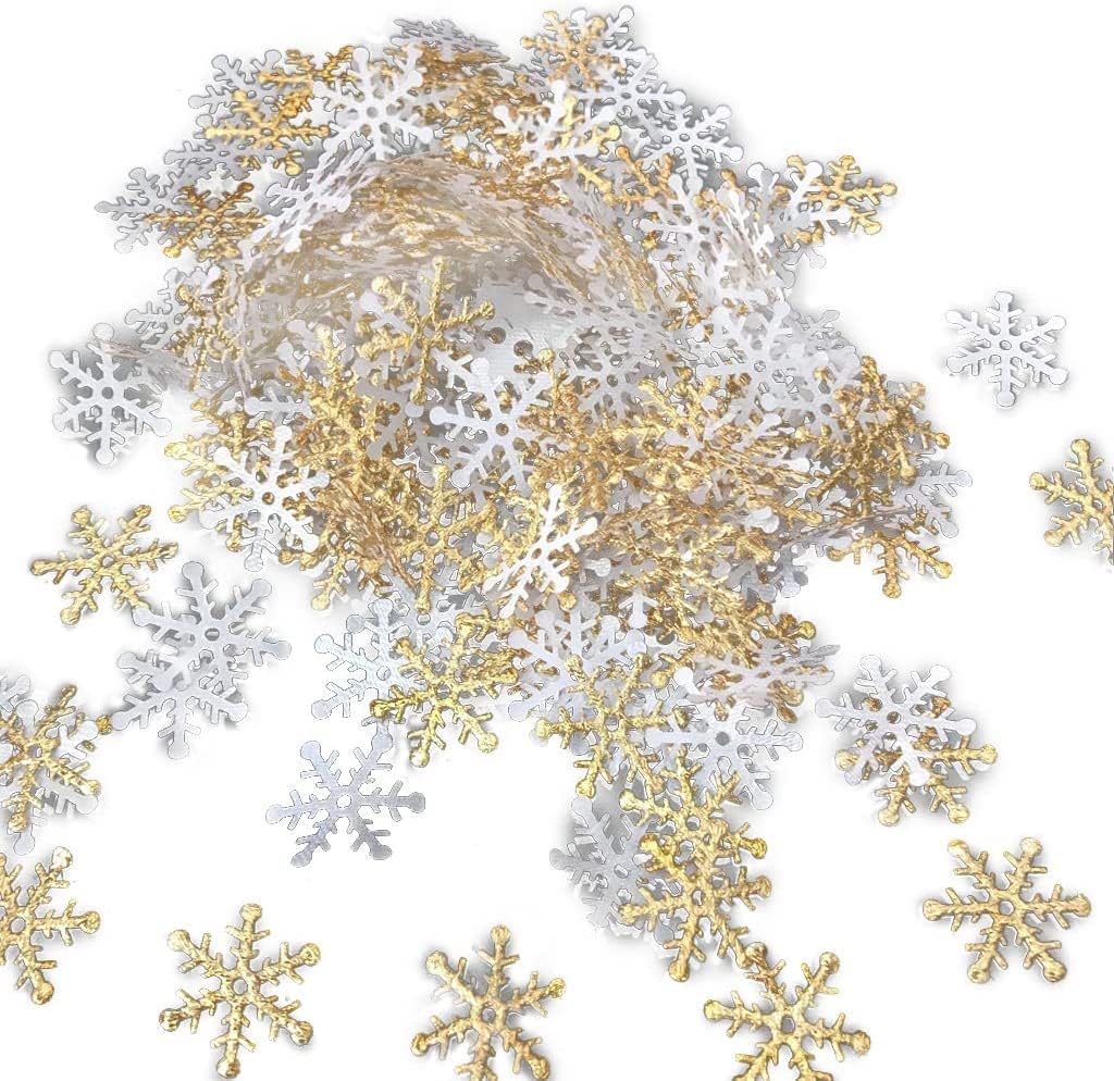Pack of 300 Snowflake Confetti, Gold Artificial Snowflake Flake Paper Snowflake Confetti for Christmas, Winter, Frozen Party, Wedding, Birthday, Holiday Party Decorations