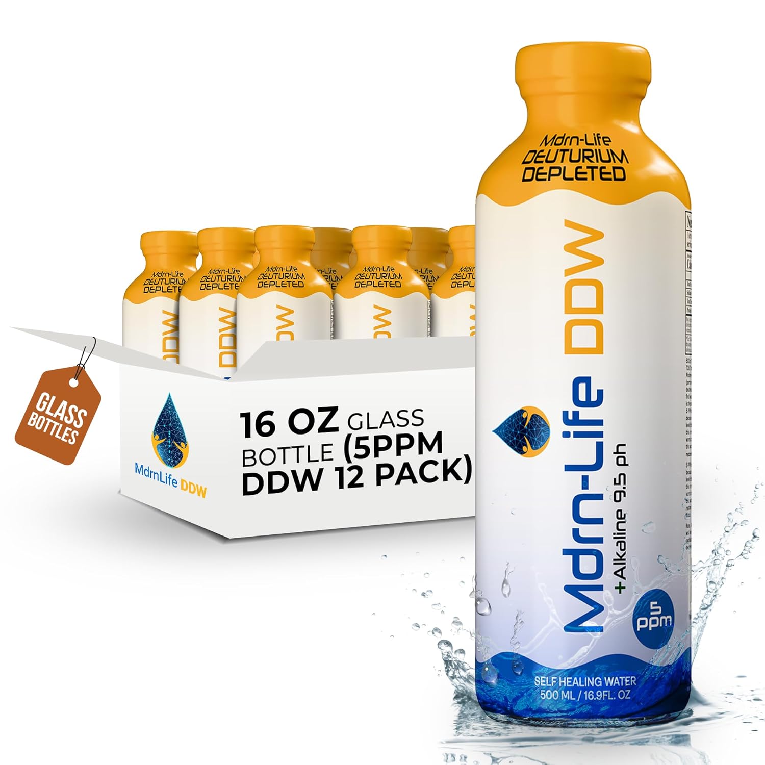 •Mdrn-Life Deuterium Depleted Water, Purified Bottled Water, DDW as Low as 5-PPM, 9.5 pH Alkaline, No Additives or Chemicals, Pack of 12 (500 ml each) (Glass Bottle)