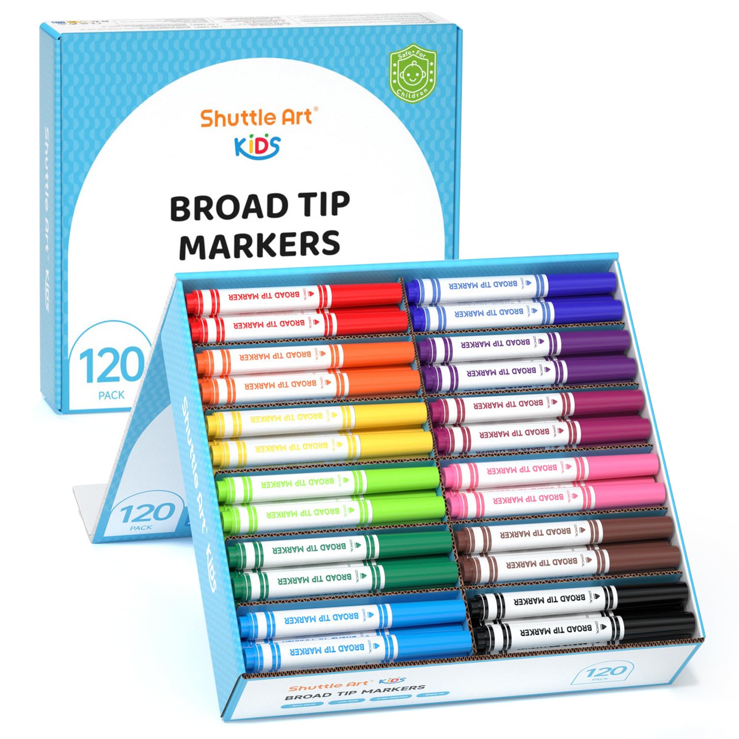 Shuttle Art 120 Count Washable Markers, 12 Assorted Colours, Broad Line Conical Tip Large Markers in a Bulk Box